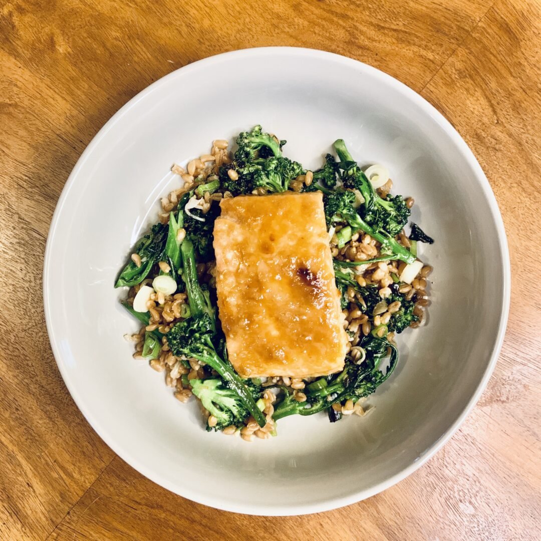 Charred Sprouting Broccoli, Spelt and Miso Salmon