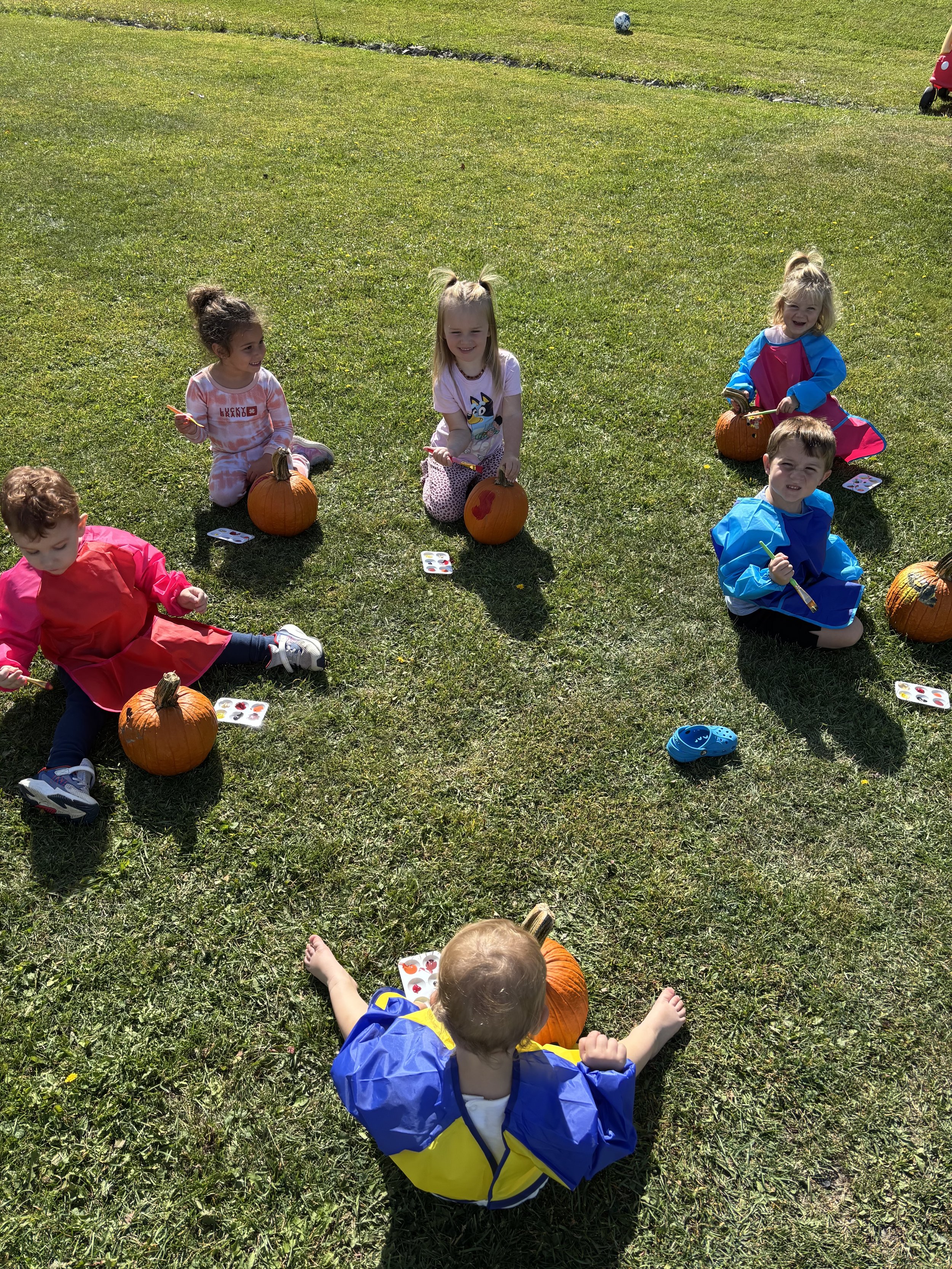 Seven children sitting on grass in a circle, each with a pumpkin, watercolor paints, and a paintbrush, enjoying outdoor pumpkin painting.