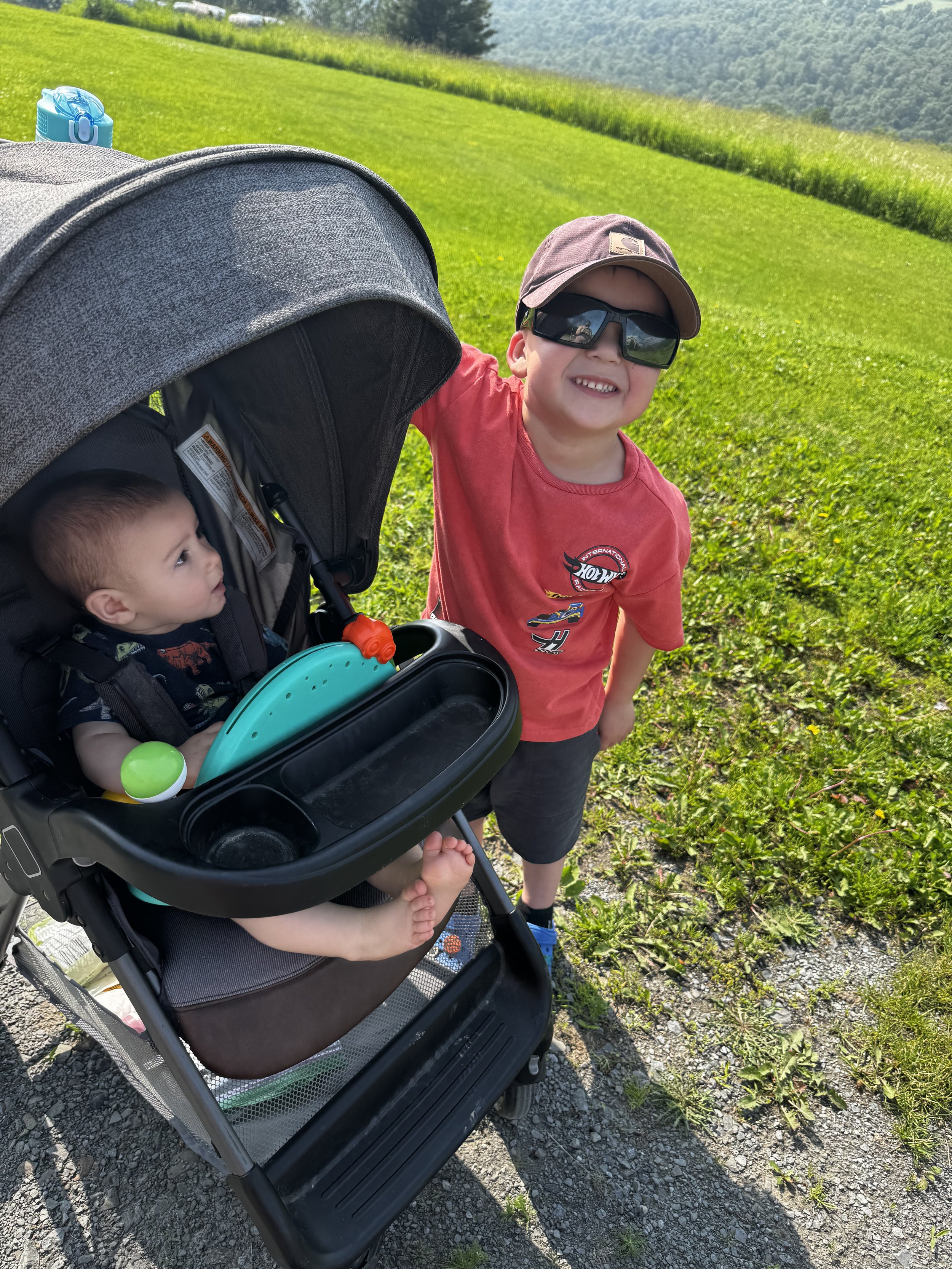 A young boy wearing sunglasses and a red t-shirt standing next to a stroller with a baby inside, outdoors on a grassy field with trees and mountains in the background.