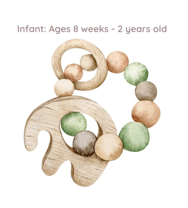 Watercolor picture of a wooden elephant and a beaded bracelet with pastel-colored beads, with text indicating it is for infants aged 8 weeks to 2 years.
