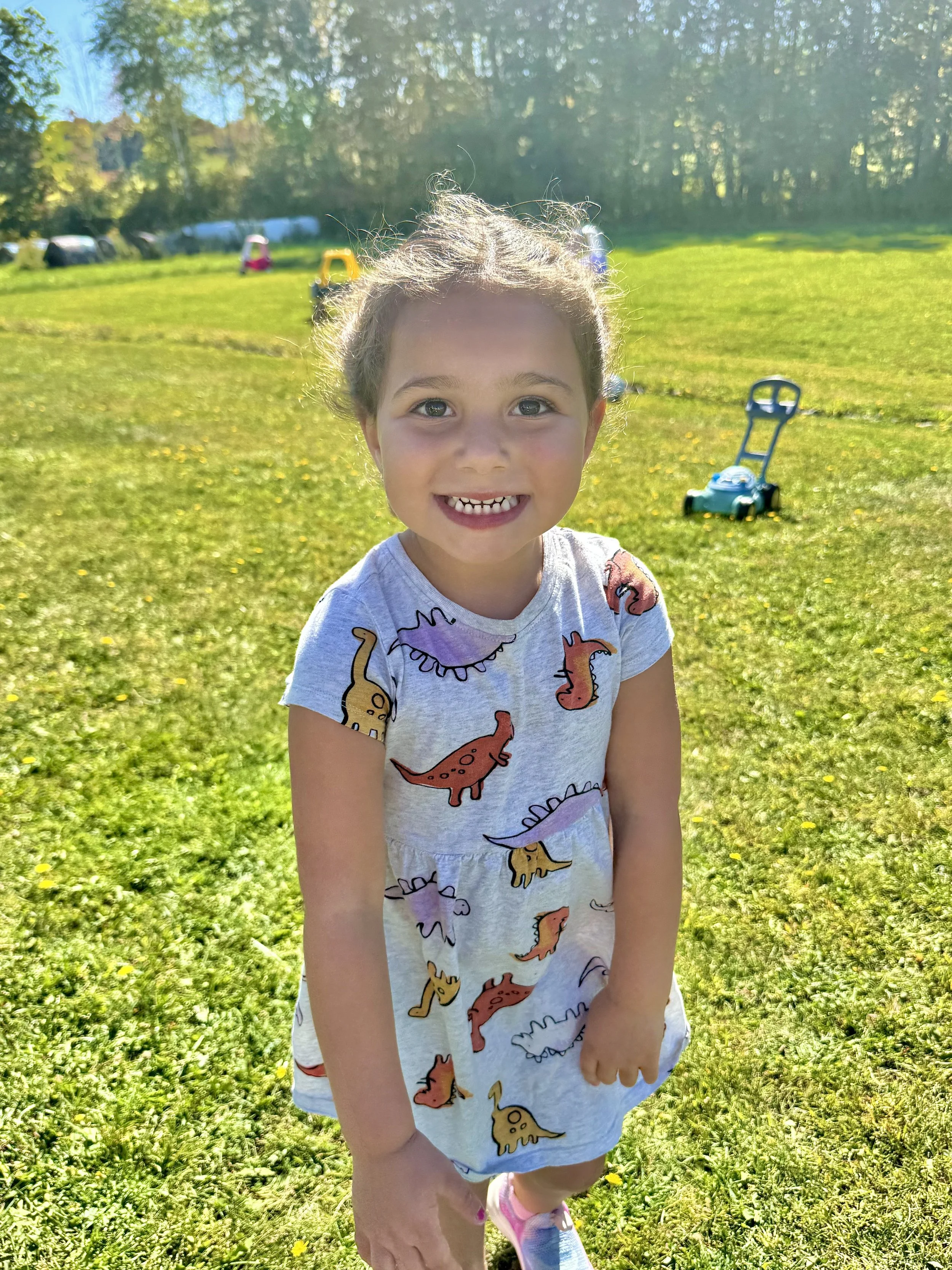 A young girl smiling in a grassy outdoor area, wearing a dress with colorful dinosaur prints, with toys and cars in the background.
