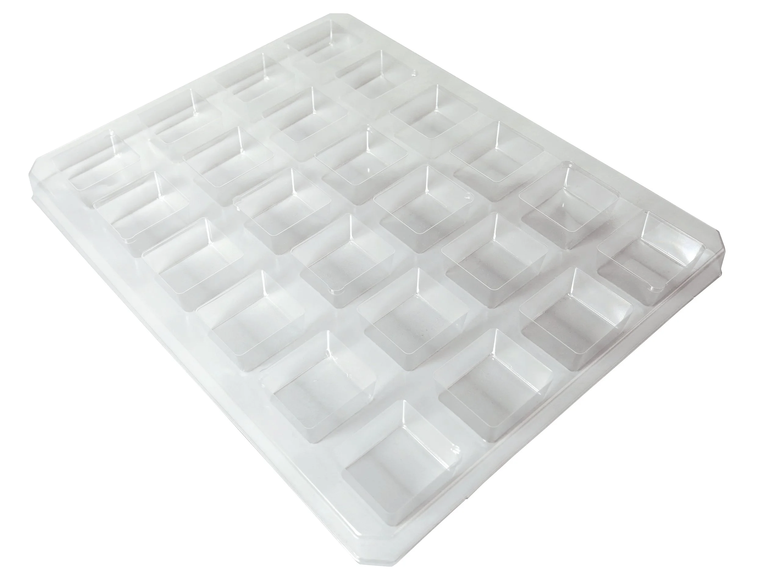 Thermoformed clear plastic tray with multiple compartments for storing small items like jewelry or collectibles.