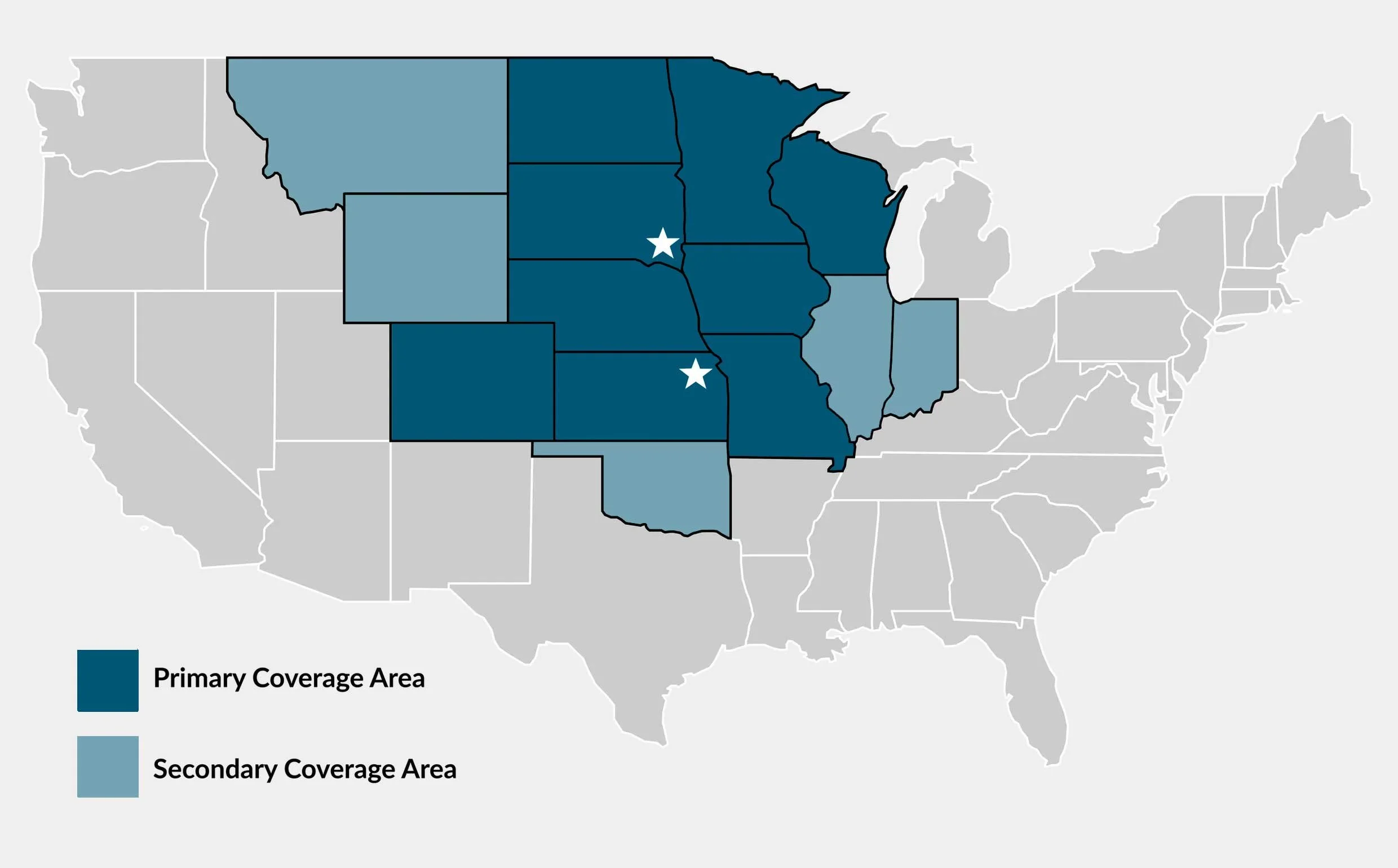 Map of the United States showing primary coverage areas in dark blue and secondary coverage areas in light blue, with stars marking specific locations in the central region.