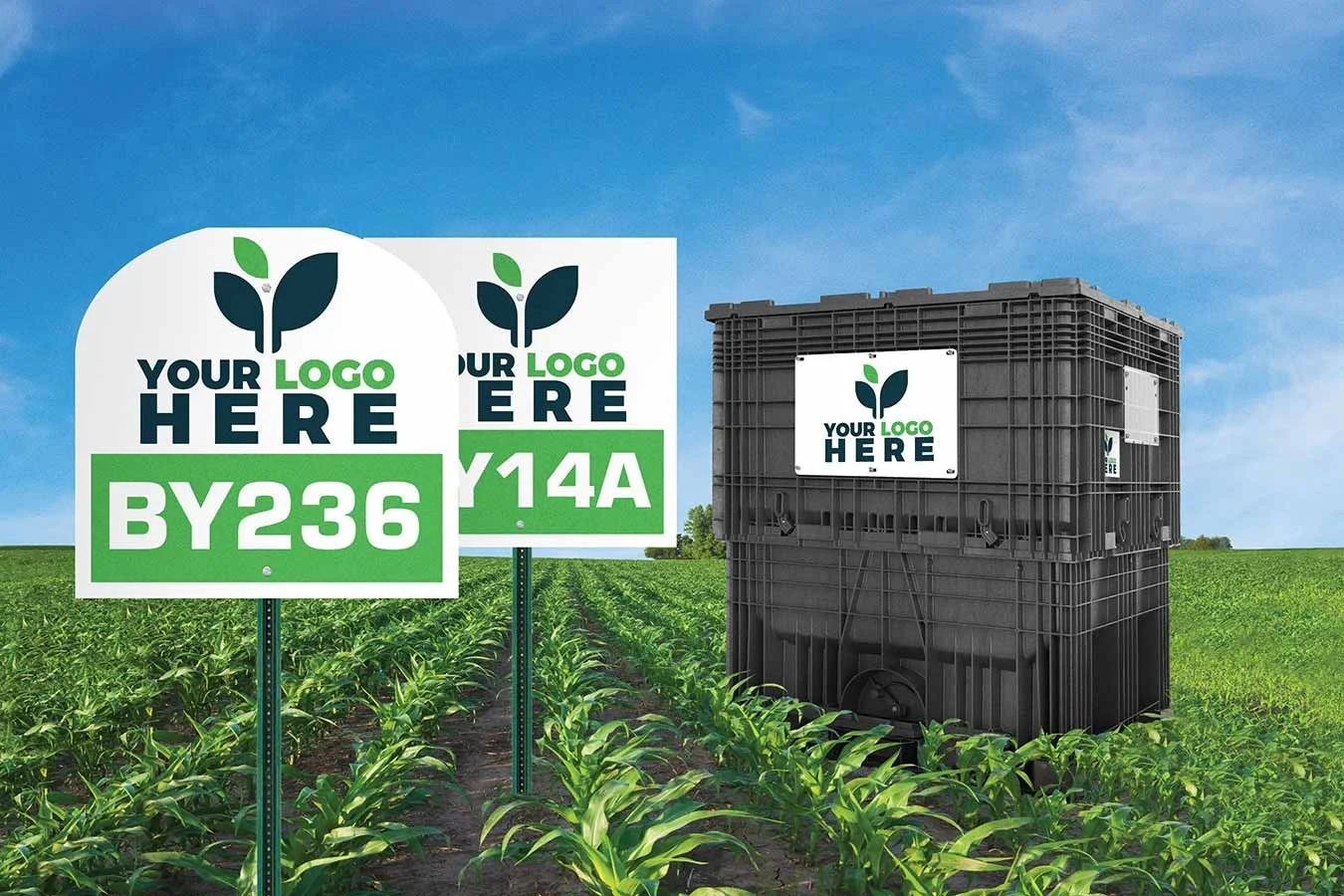 custom field plot and seed box signs corn field