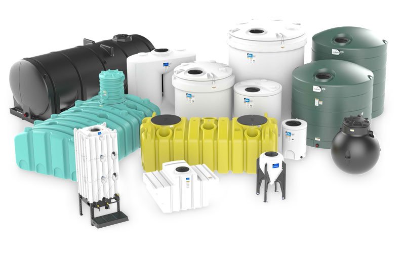 Various water tanks and water storage containers produced by rotational molding in black, white, green, yellow, and black colors, of different shapes and sizes.