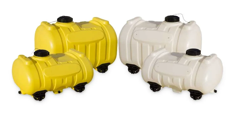 Two yellow and two white portable water tanks with black caps and wheels produced by blow molding.