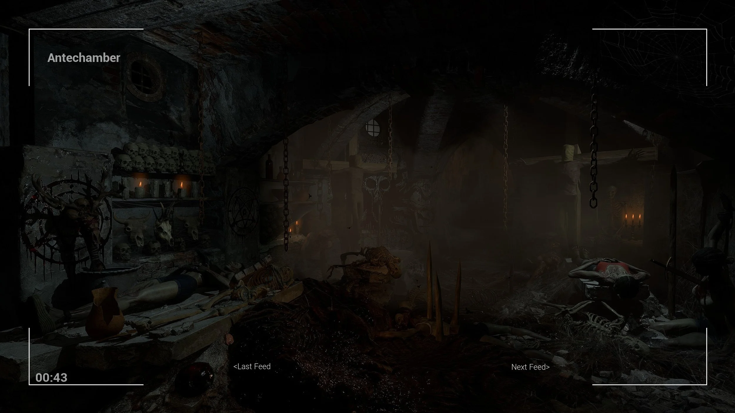 Dark, eerie underground room decorated with skulls, candles, and occult symbols, with chains hanging from the ceiling and scattered skeletons and bones on the floor.