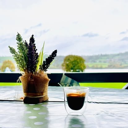 A perfect double espresso next to a small potted plant with purple and green foliage sitting on a windowsill 