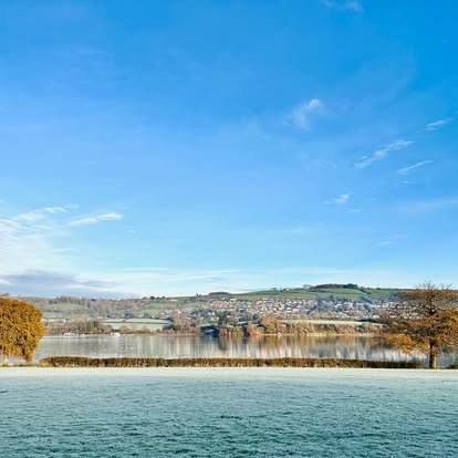 View of a river with a grassy shoreline, trees, and a town on distant hills under a blue sky.