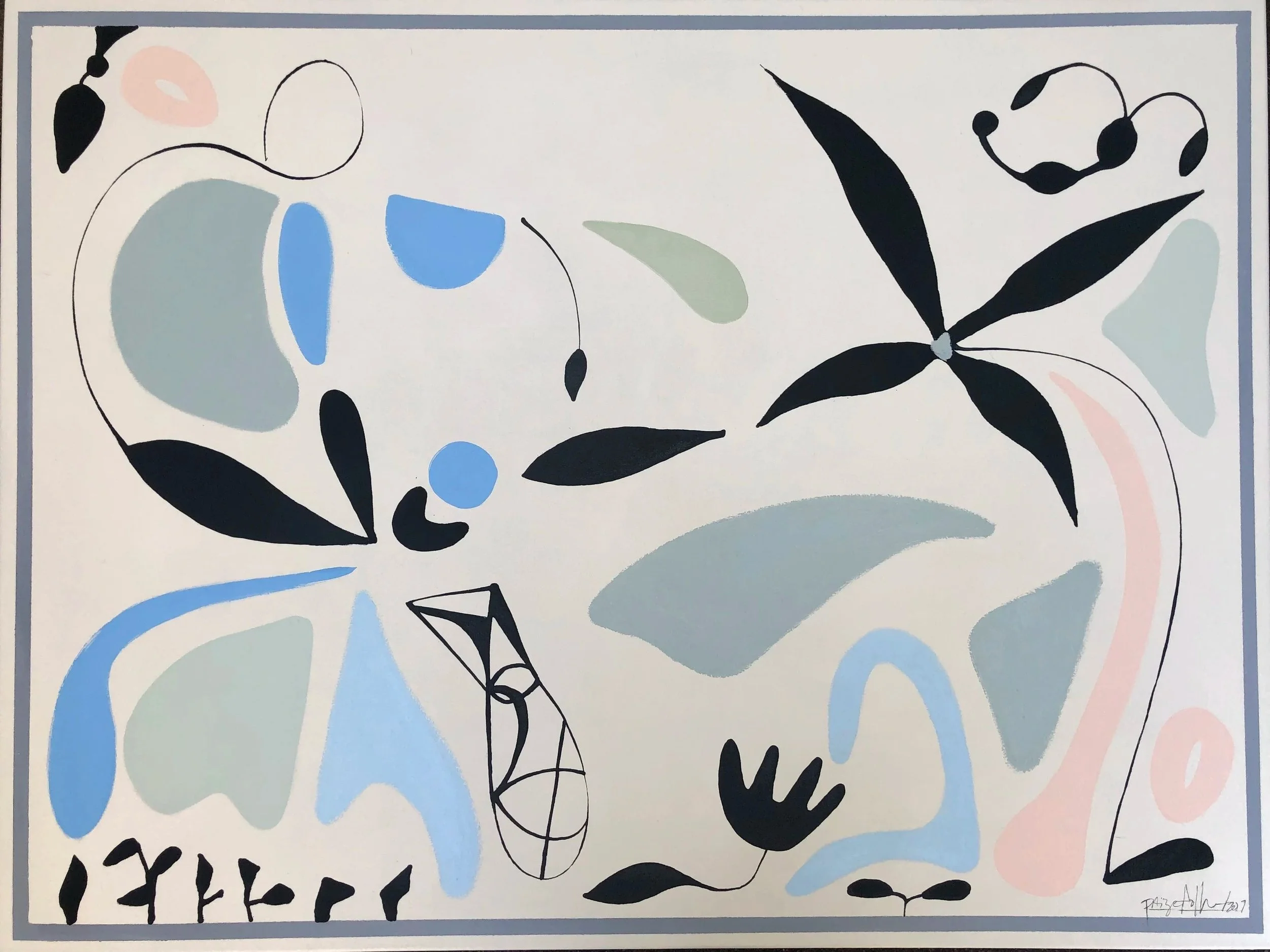 "Pink and Blue Scene", 36 x 48 inches, mixed media on canvas, 2019. SOLD