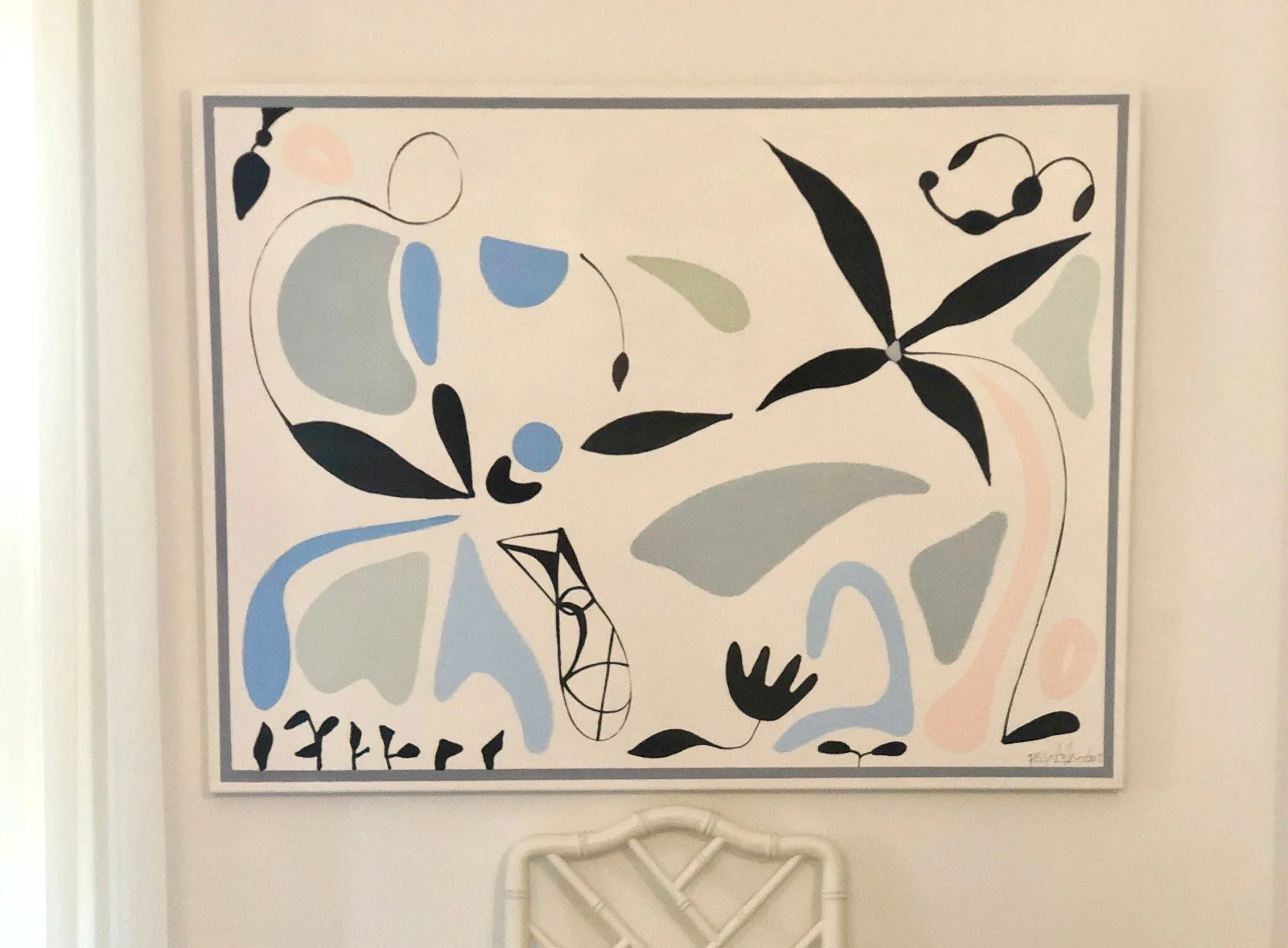 "Pink and Blue Scene", 36 x 48 inches, mixed media on canvas, 2019. SOLD