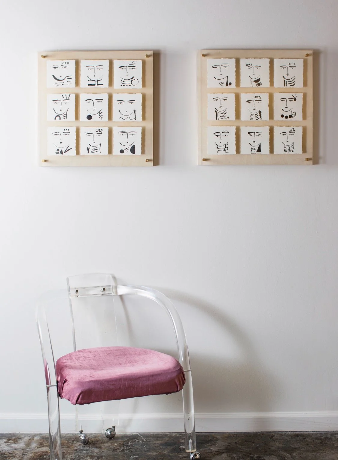 "Phases of Faces 1-2", 24 x 24 inches, ink on paper, 2018. SOLD