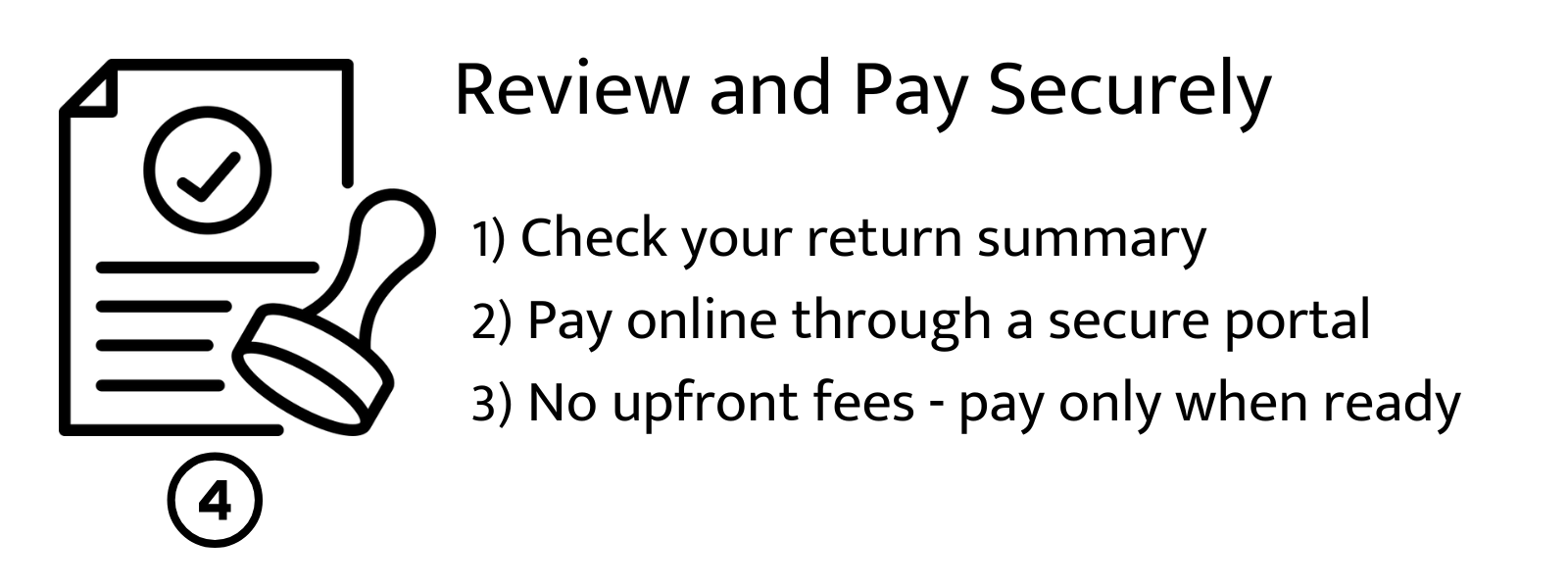 Document with checkmark showing secure review and payment in online tax filing Canada.