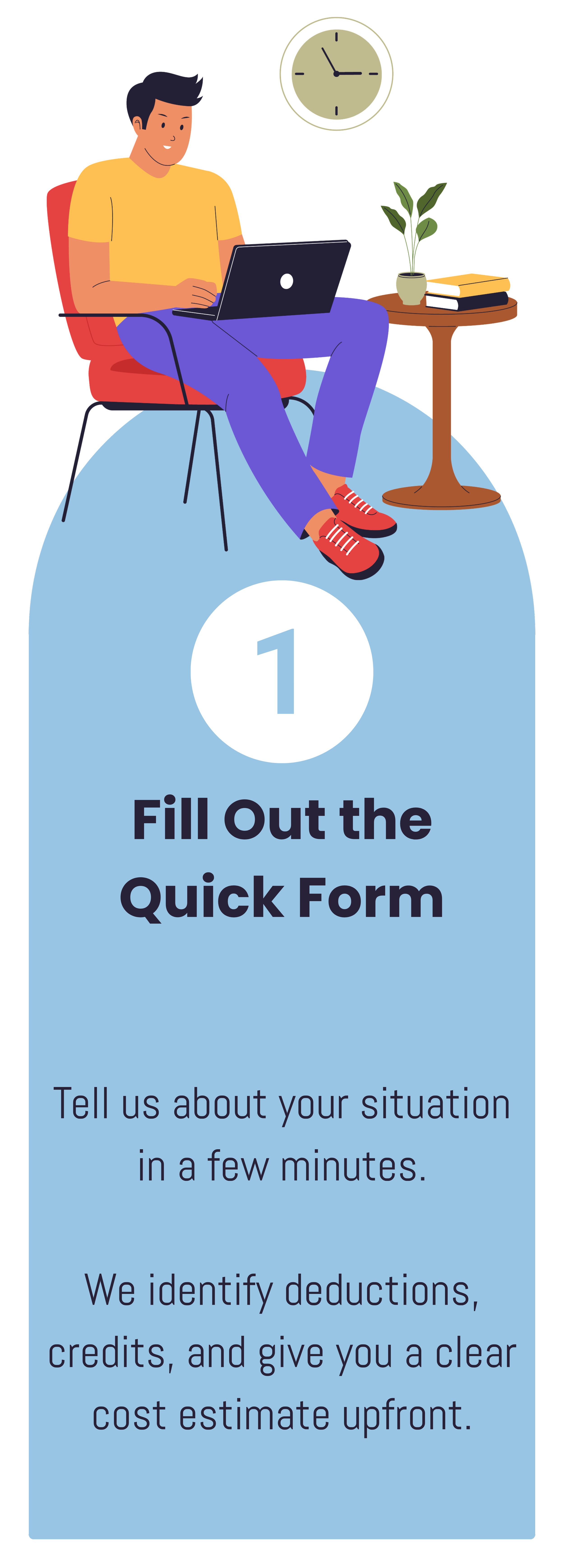 Illustration représentant un homme assis dans un fauteuil rouge, travaillant sur un ordinateur portable posé sur une petite table en bois, avec une plante en pot et deux livres, une horloge murale indiquant 3 heures, et un grand panneau ovale sur lequel on peut lire « Remplissez le formulaire rapide », accompagné d'un texte expliquant l'objectif du formulaire.