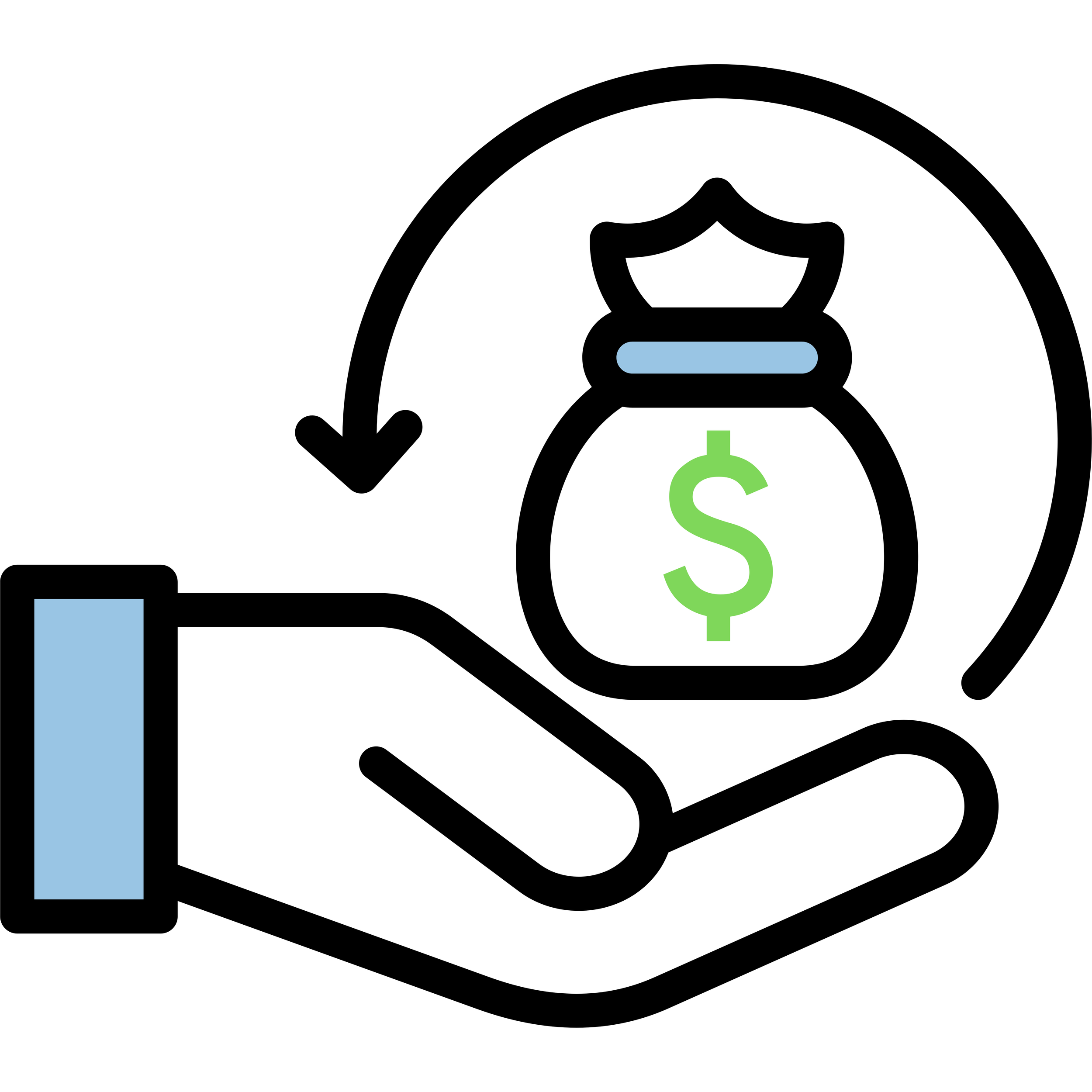 Une main blanche tenant un sac d'argent avec un signe dollar vert, au-dessus de la tête d'une personne au visage blanc et aux cheveux noirs.