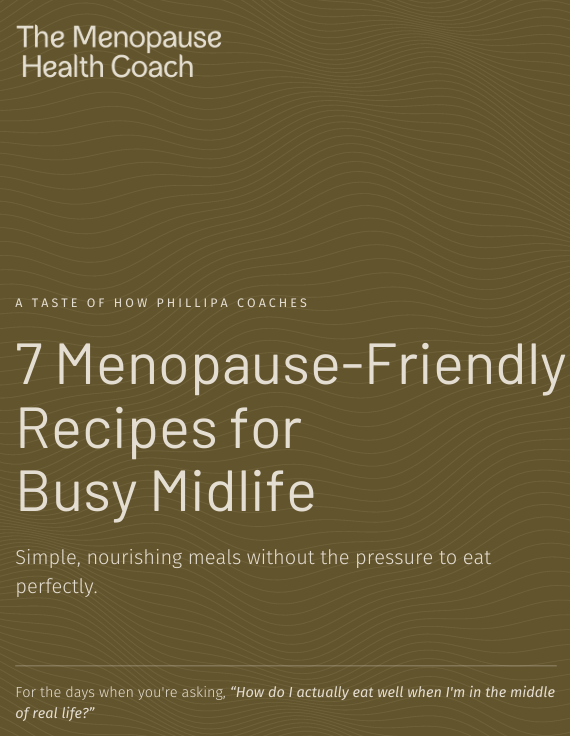 Front cover of 7 Menopause Friendly Recipes in an olive green brackground with cream text. 