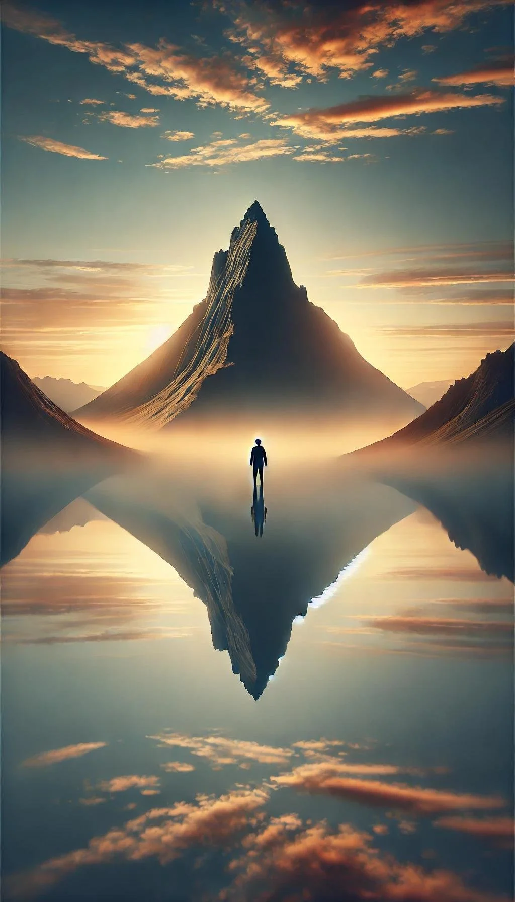Silhouette of a person standing in front of a mountain with its reflection in water, under a dramatic sky at sunrise or sunset.