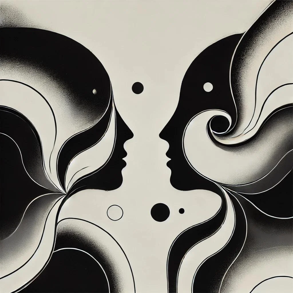 Abstract black and white illustration depicting two profiles facing each other, with swirling lines and circular shapes, creating a fluid and symmetrical design.