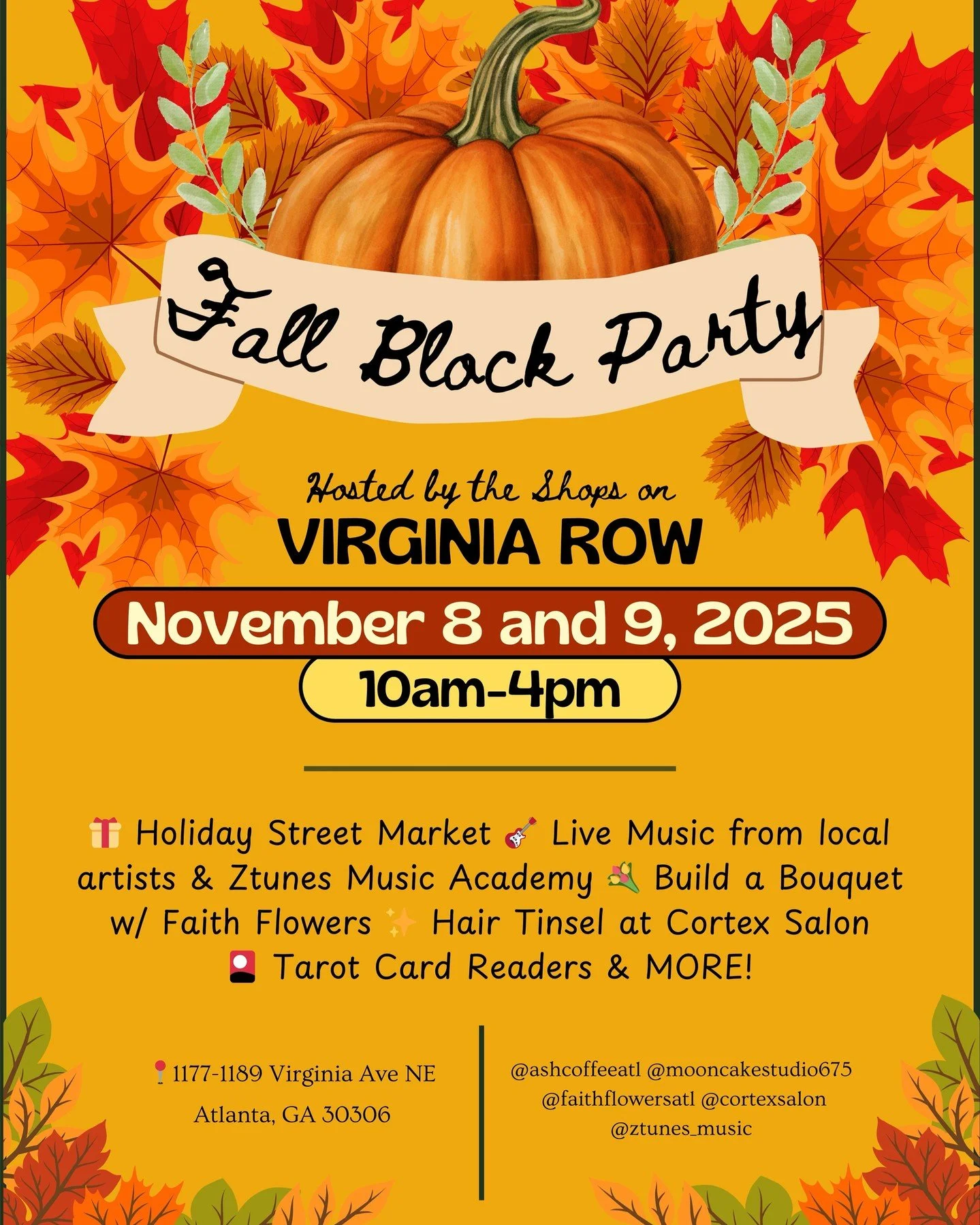 The shops of Virginia Row invite you to the Virginia Row Fall Block Party, 11/8 &amp; 11/9. 

Join us for our Holiday Street Market featuring art, vintage collections, home adornments, ceramics, and body care!

Enjoy live music from local artists &am