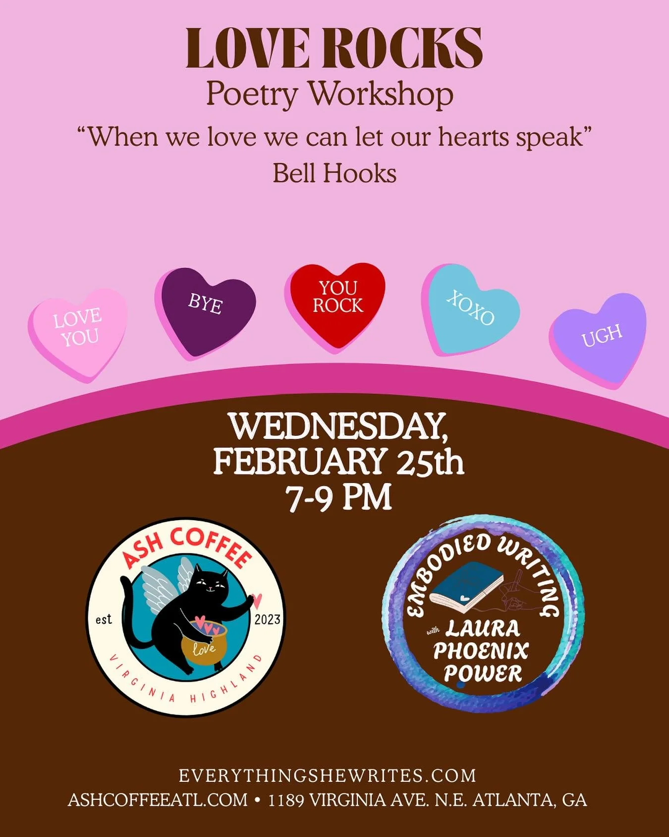 Let&rsquo;s slow down and let our words flow onto the paper in free verse and odes. 

We meet on  Wednesday, 2/25, at ASH Coffee in Virginia Highlands for community, creative writing, and coffee. 

We will begin with a discussion on writing the body,