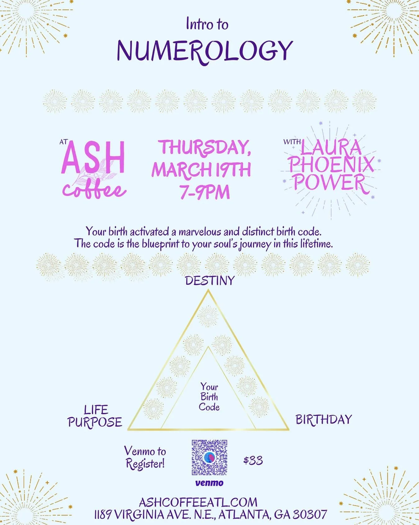On your day of birth, you activated a marvelous and distinct birth code.

The code is the blueprint to your soul&rsquo;s journey in this lifetime.

In this workshop, you&rsquo;ll learn the three most important numbers of your distinct birth code and 