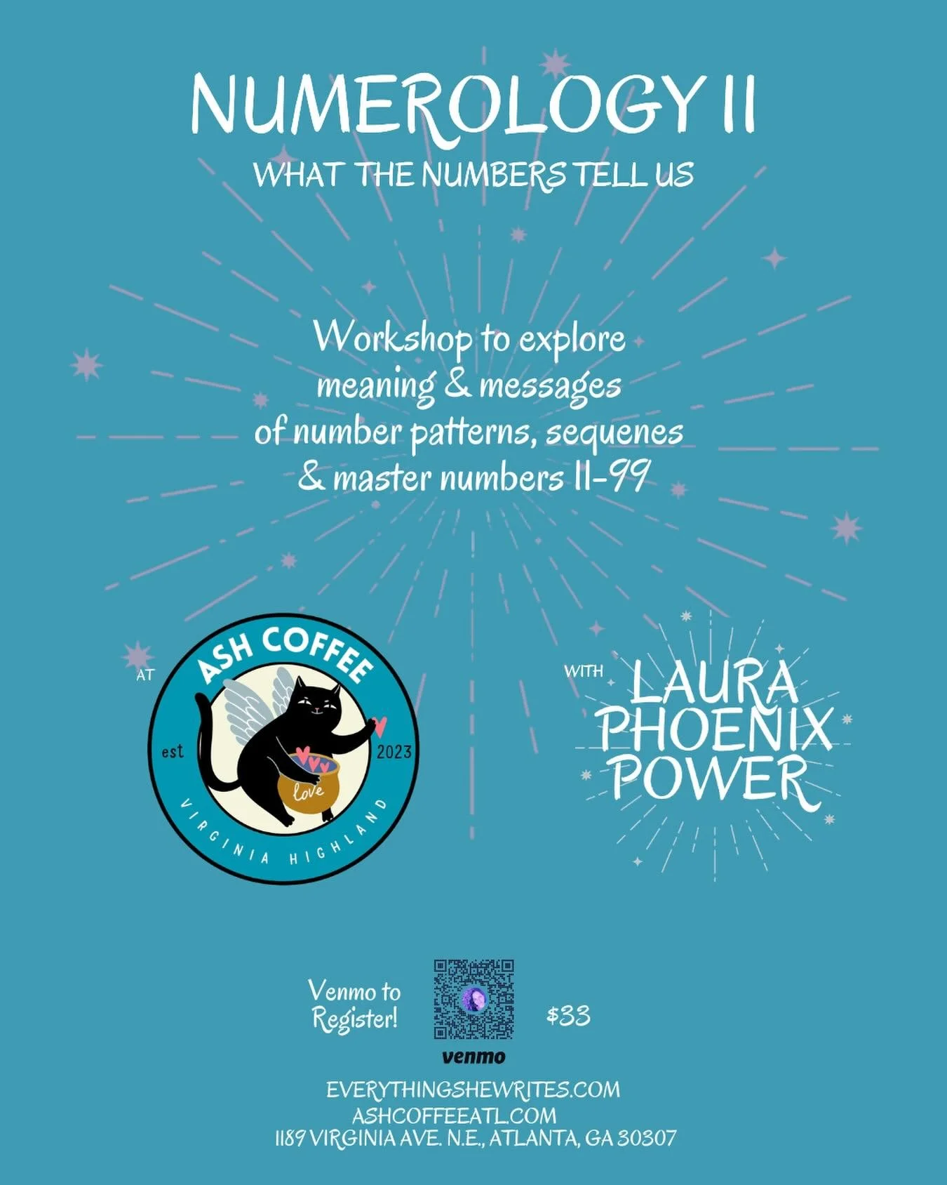 For those who attended Intro to Numerology.

Learn the meaning of your double-digit numbers, explore number sequences &amp; patterns. Have you experienced numbers repeatedly showing up in multiple places? Maybe it&rsquo;s the time, like 11:11 or you&