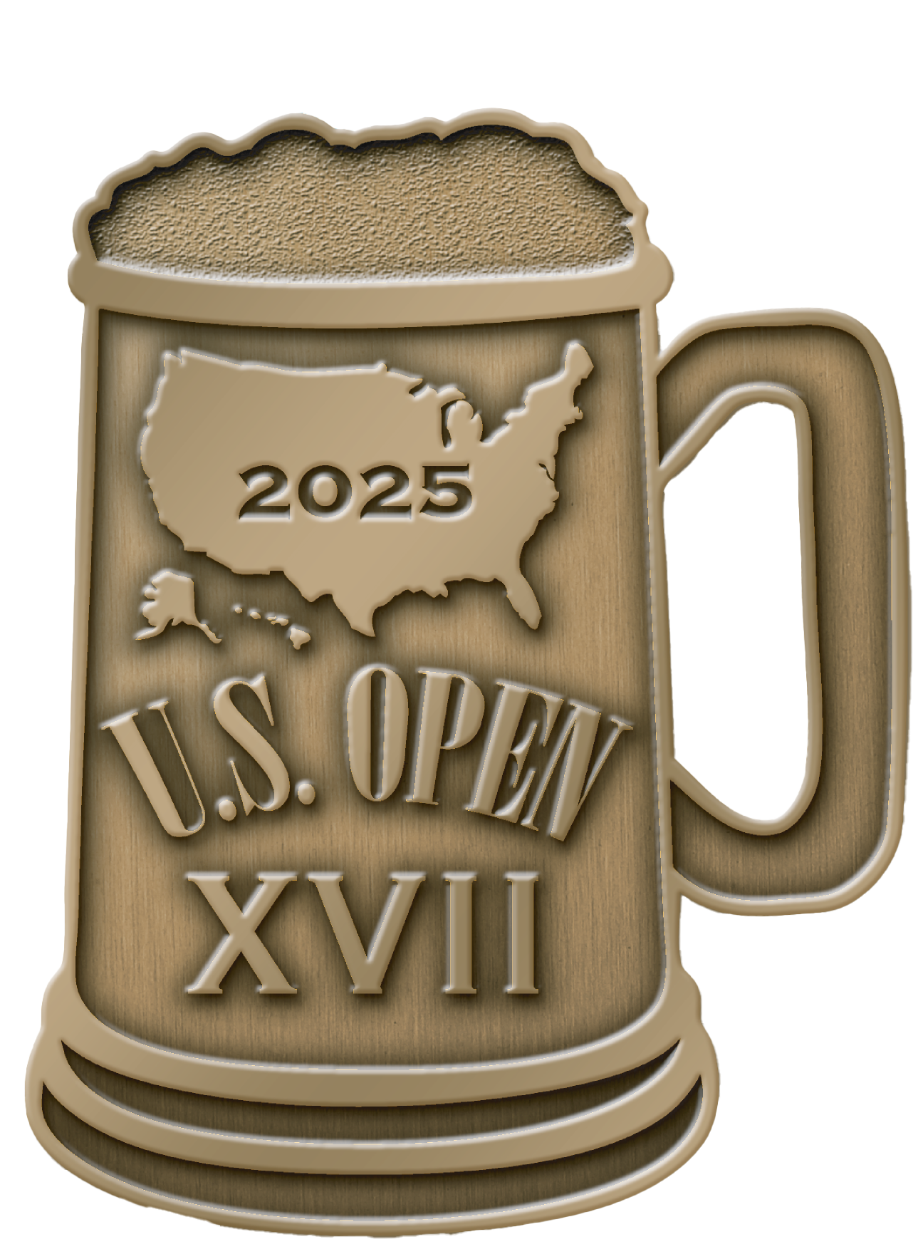 A graphic of a beer mug with the USA map and '2025' inside it, and text reading 'U.S. OPEN XVII' below.