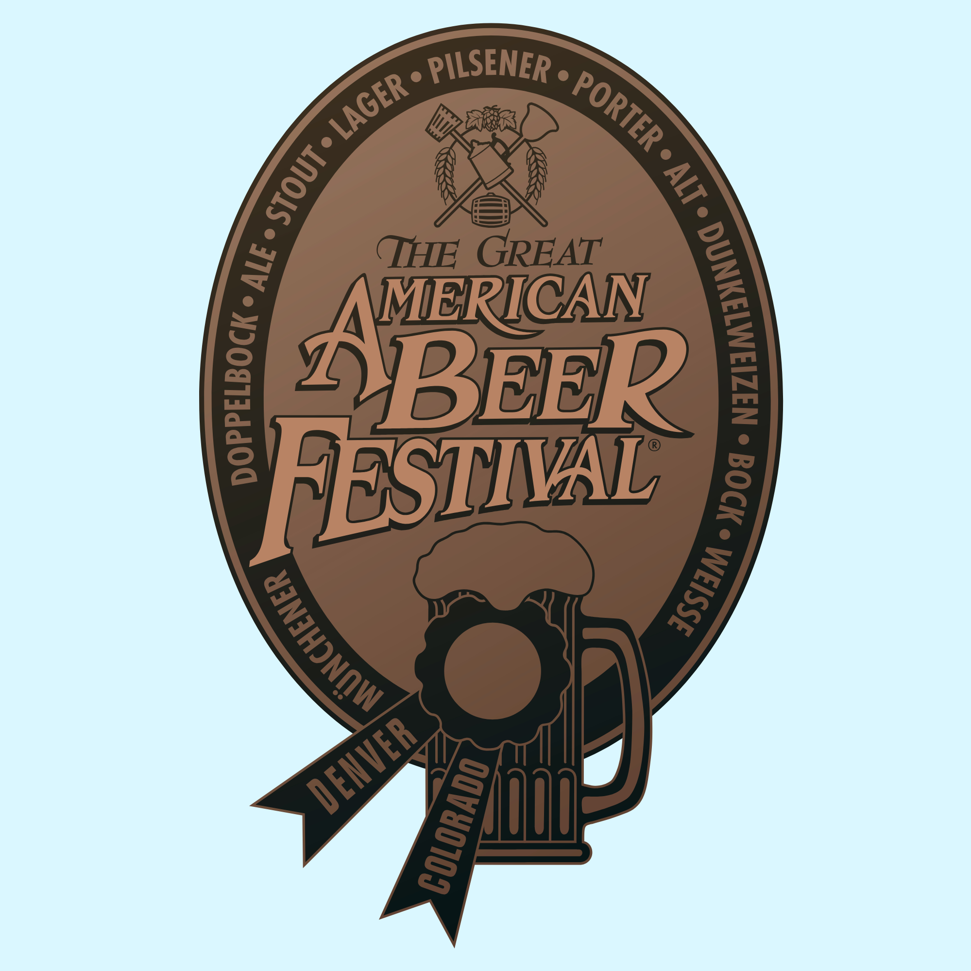 Logo for the Great American Beer Festival featuring a beer mug with foam, and crossed brewing tools, with the event’s name and locations listed around the oval border.