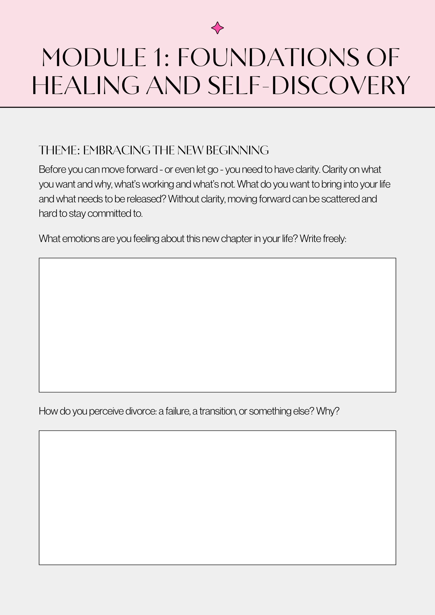 A worksheet titled 'Module 1: Foundations of Healing and Self-Discovery' with a theme of 'Embracing the New Beginning'. It contains prompts about emotions related to a new chapter in life and perceptions of divorce, with blank spaces for writing responses.