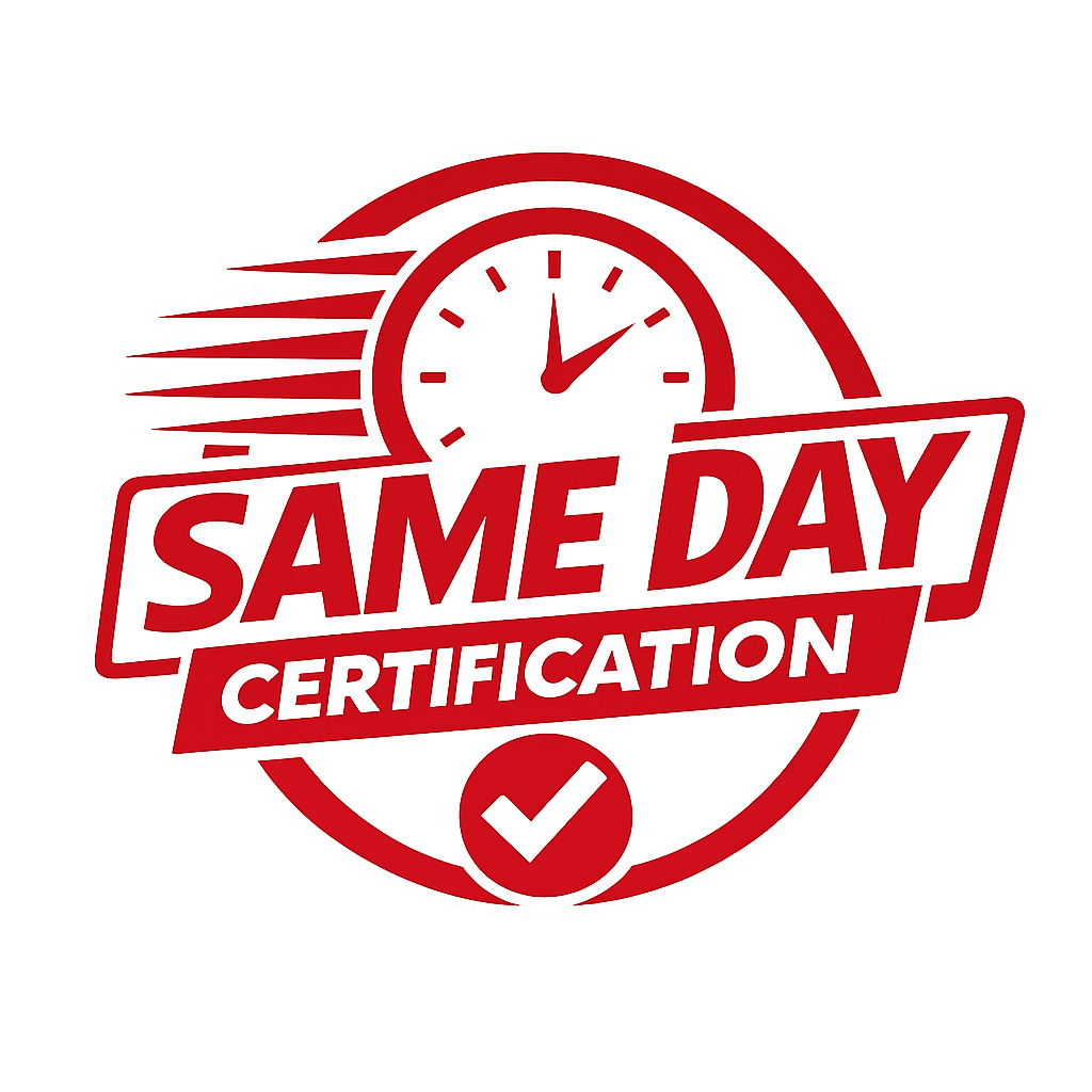 Red and white badge indicating same day certification with a clock showing nearly 2 o'clock and a checkmark.