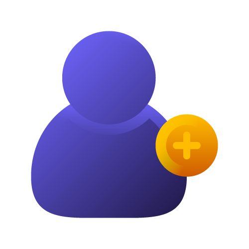 A purple icon of a person with a plus sign on a gold background.
