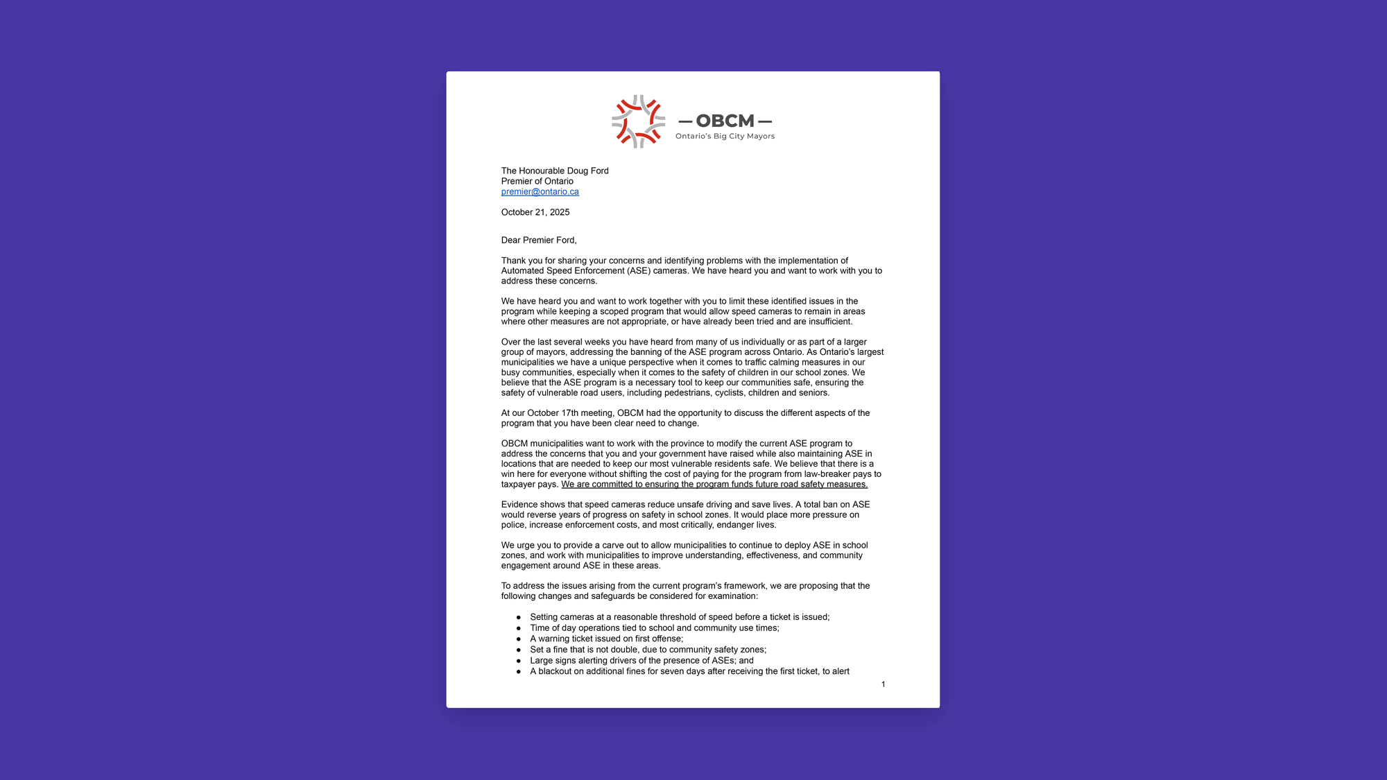 OBCM Letter to Premier Ford calling for collaboration on ASE Program