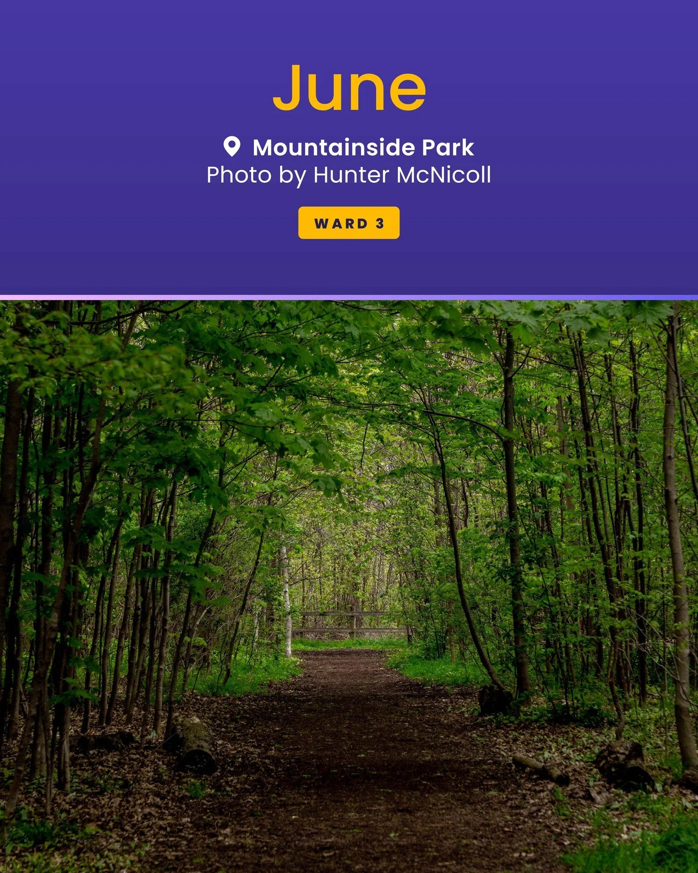 This month, we&rsquo;re featuring the June photo from the Mayor&rsquo;s 2026 Calendar: Mountianside Park, captured by Burlington resident Hunter McNicoll in Ward 3.

As summer blooms, make sure to take advantage of all the parks, trails, and green sp