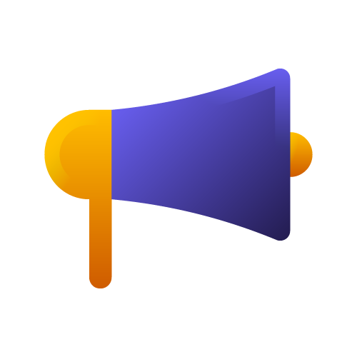 A purple icon of a megaphone with a gold handle.