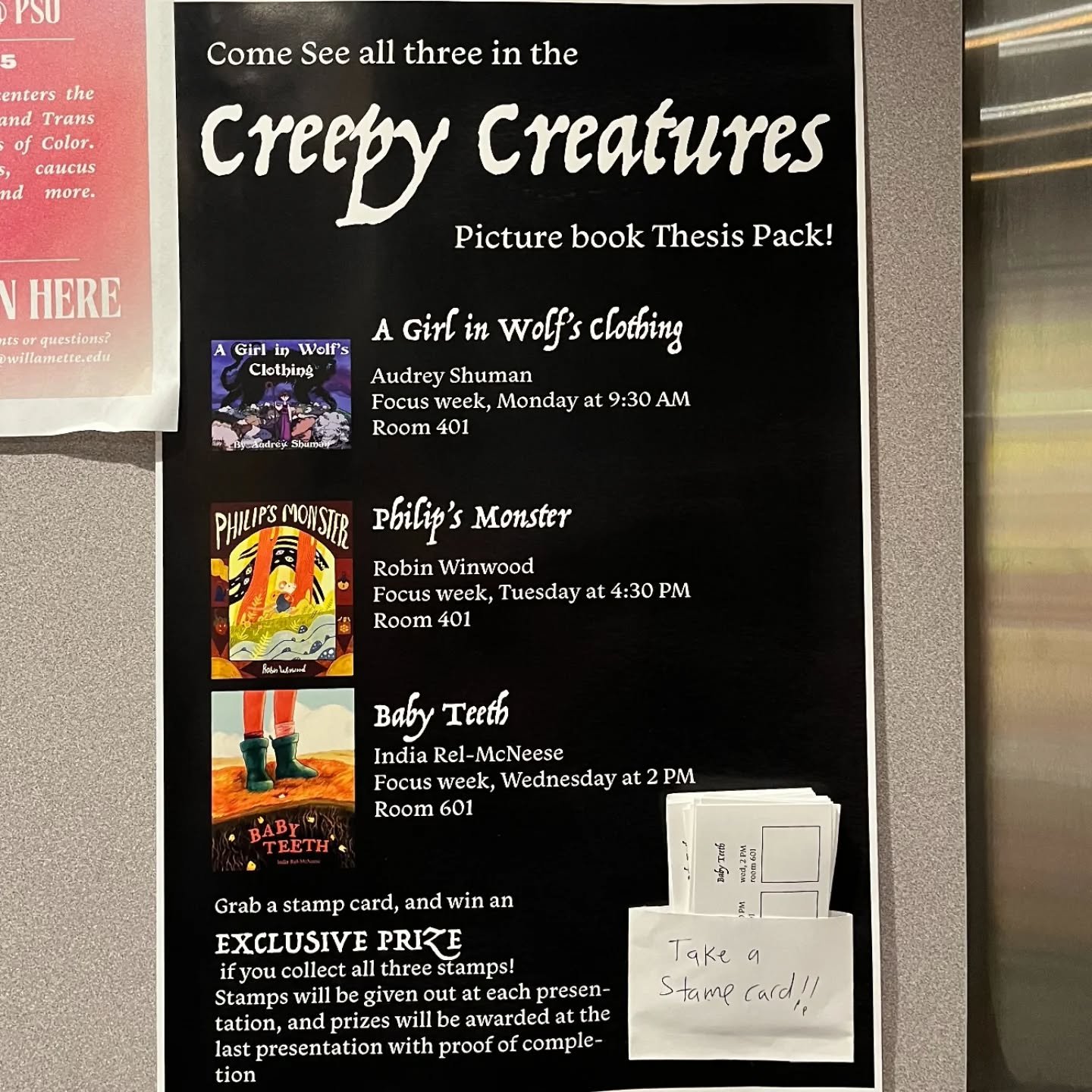 WE'RE DOING A SPECIAL LITTLE THING ❤️❤️❤️❤️😍😍🫶🫶🫶!!!!!
Come to all three of our picture book thesis presentations and if you get a stamp at each one and fill out the whole stamp sheet then u can get a special little prize that we all made togethe
