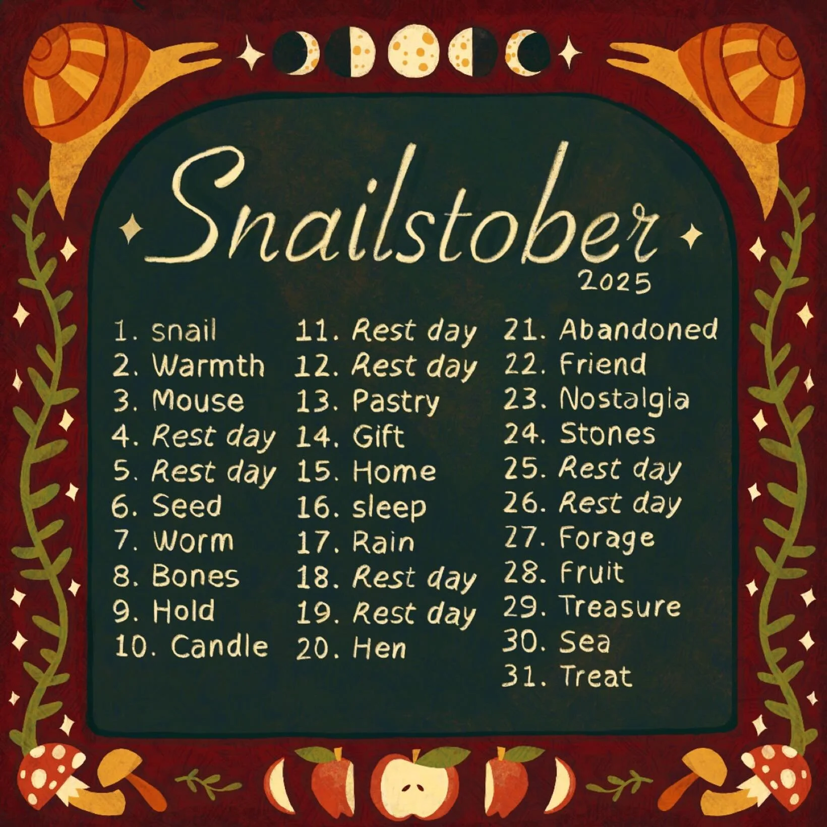 hello everyone !! This year for inktober I am making my very own prompt list !!!! I’m gonna try my hardest to get something out everyday :) because inktober is always so daunting I added my own rest days on the weekends to plan and prepare for