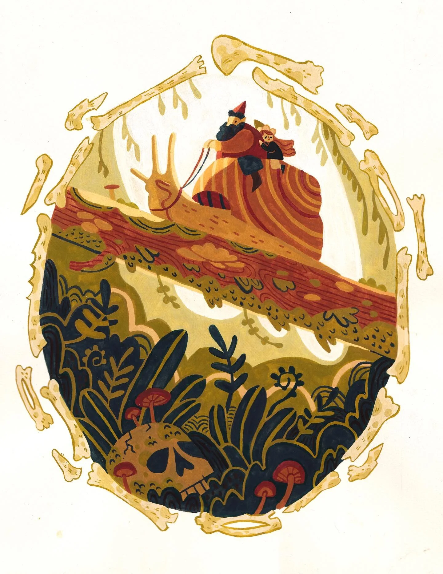 Day !!!1! Snail :) this took me 18 hours. i admit, yes I worked on it early πdone in gouache and then digitally altered a bit more! The bones were traced directly from a photo of some bird bones I found years ago that were sitting on my desk literal