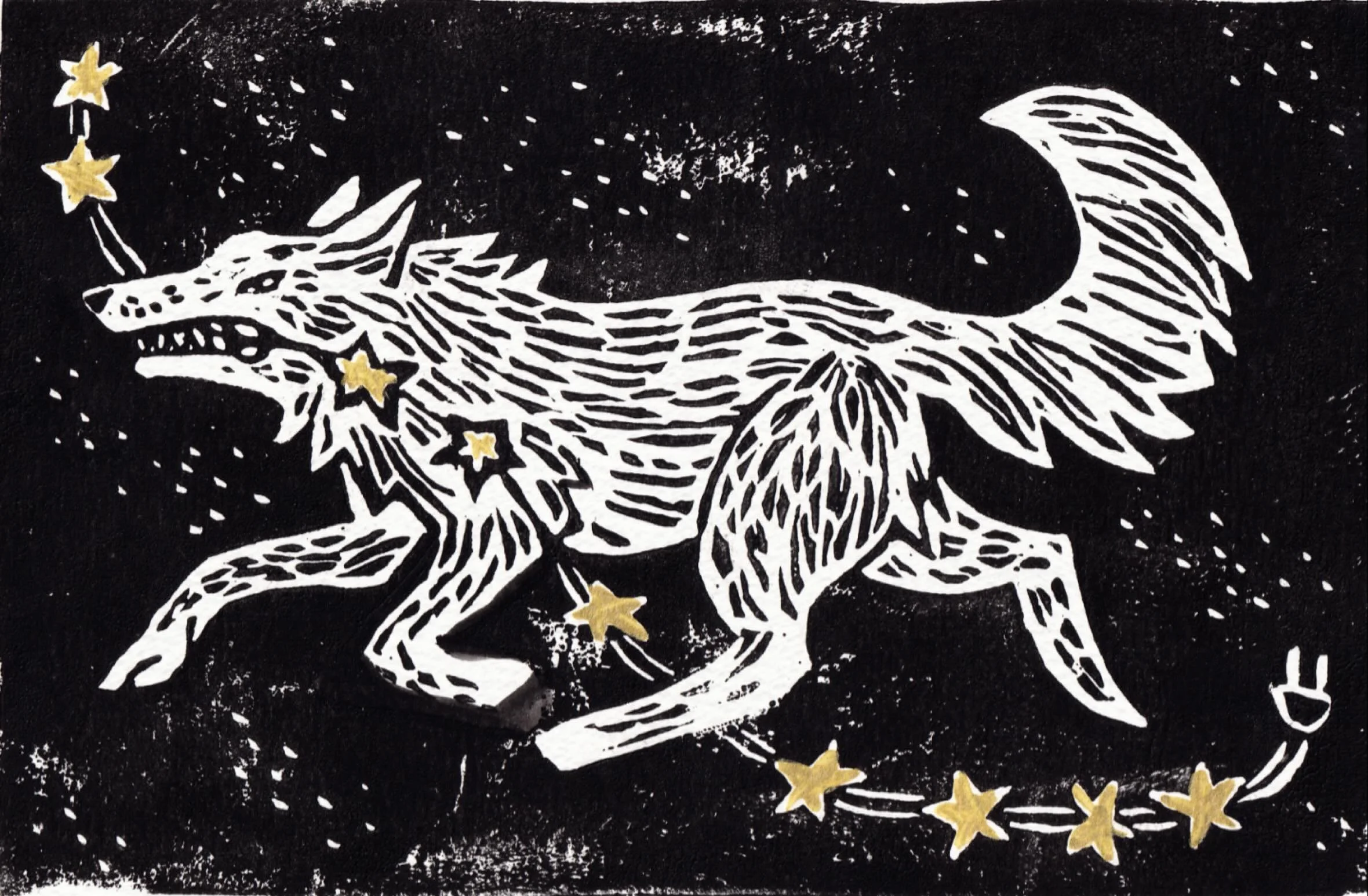 A Lino print card design I made for Christmas :) I painted the stars w/ gold gouache, by hand