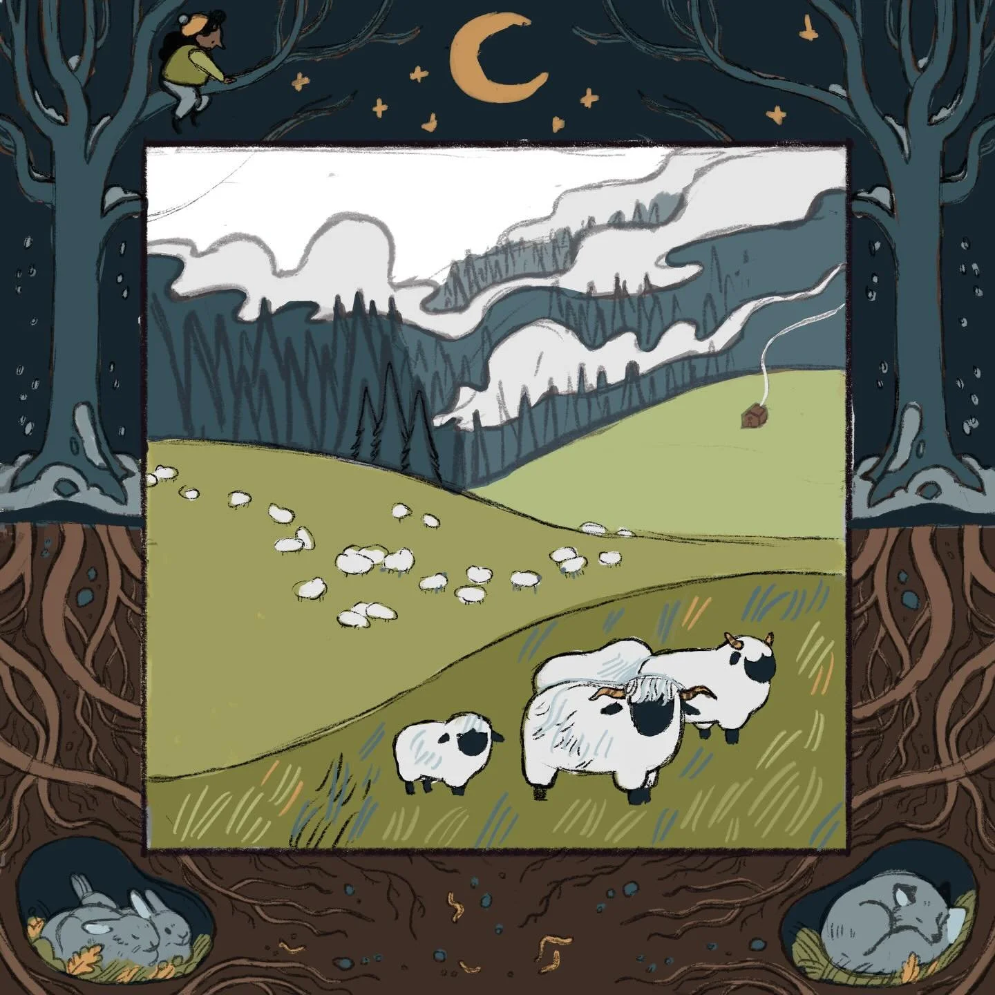 Final color palette for my January themed painting :) changed the border scene from day to night solely for value purposes 💔 I&rsquo;m so good at this illustrator thing I swear