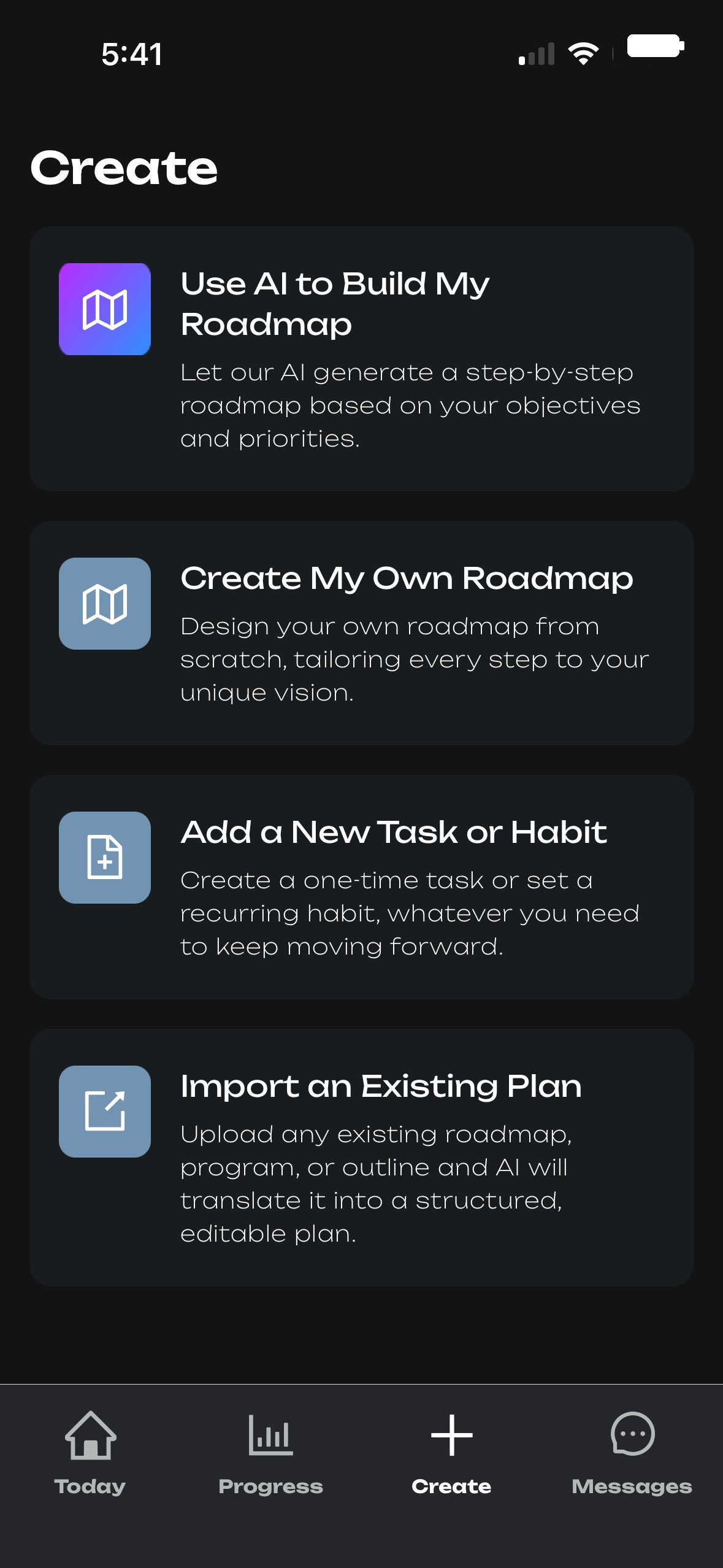 Create menu — start a new roadmap