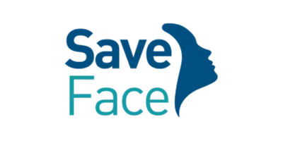 Close-up of the Save Face logo, showing stylized text with a blue face profile in the design.