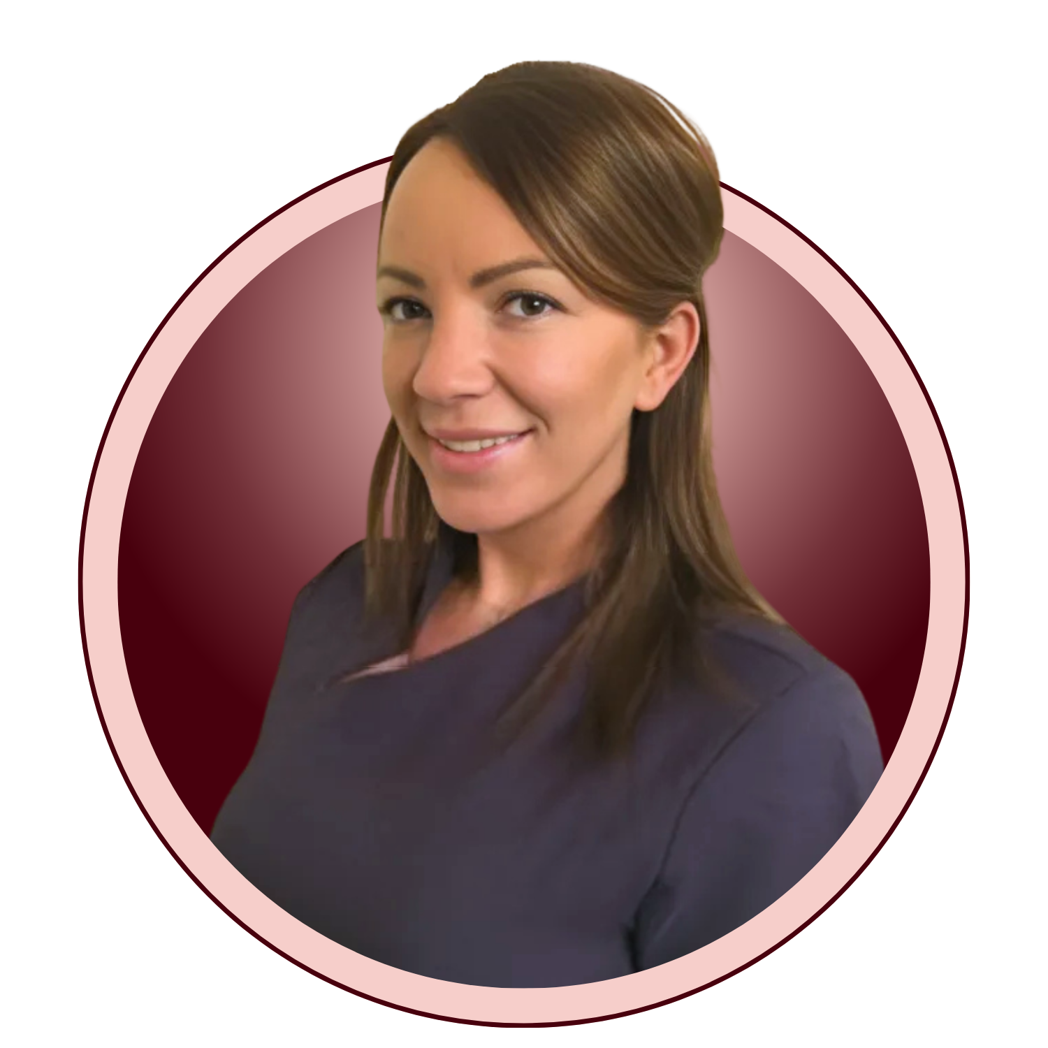 Jennifer Dowdall smiling, with a maroon gradient background and a pink circular border.