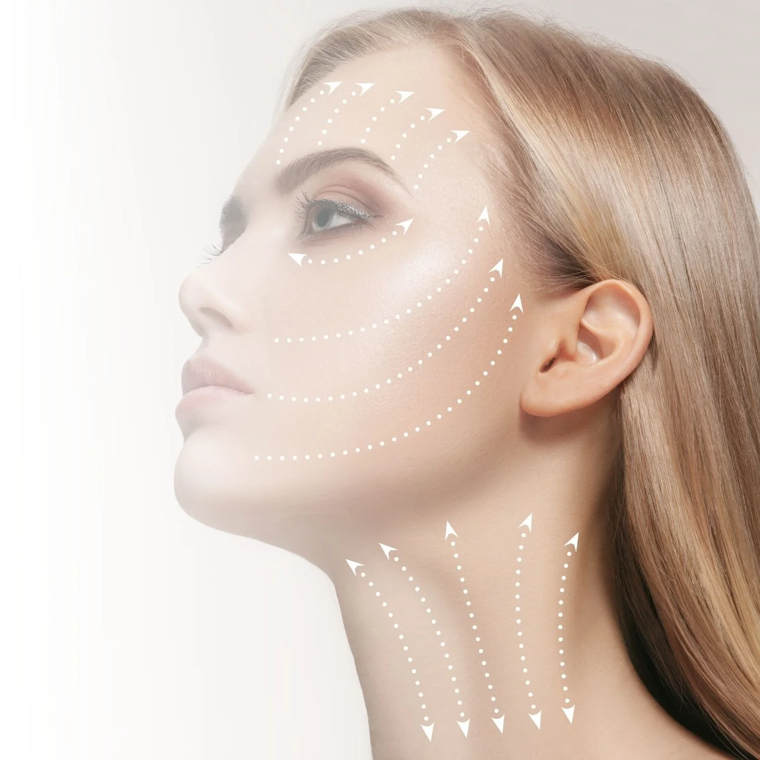 Side profile of a woman with drawn white dotted and arrow lines on her face and neck, indicating facial massage or skincare acupressure points.