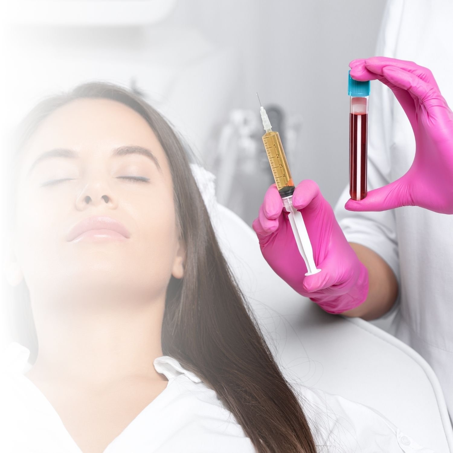 Woman with closed eyes, syringes and test tube, pink gloves