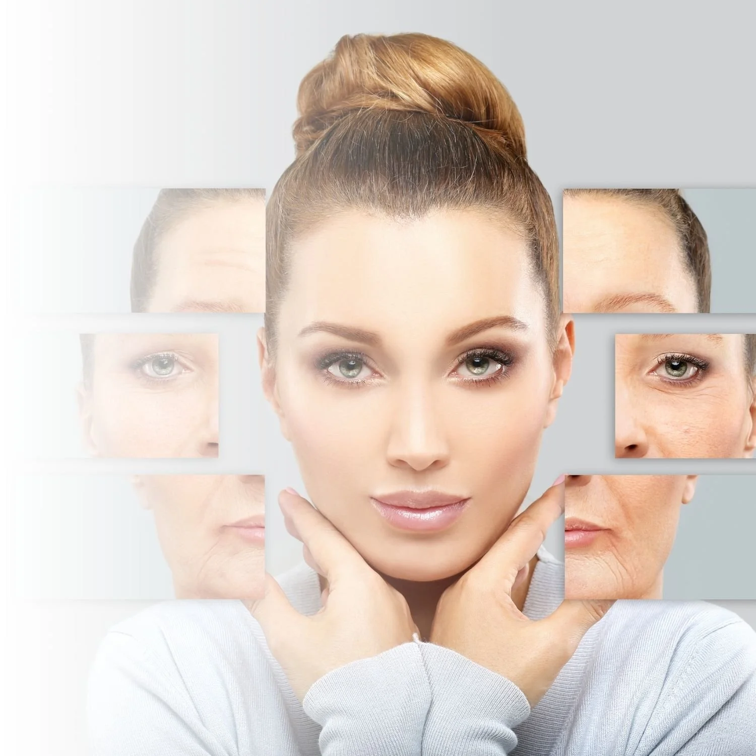 Portrait of a young woman with clear skin, surrounded by fragmented images of an older face with wrinkles, illustrating an anti-aging or skincare concept.