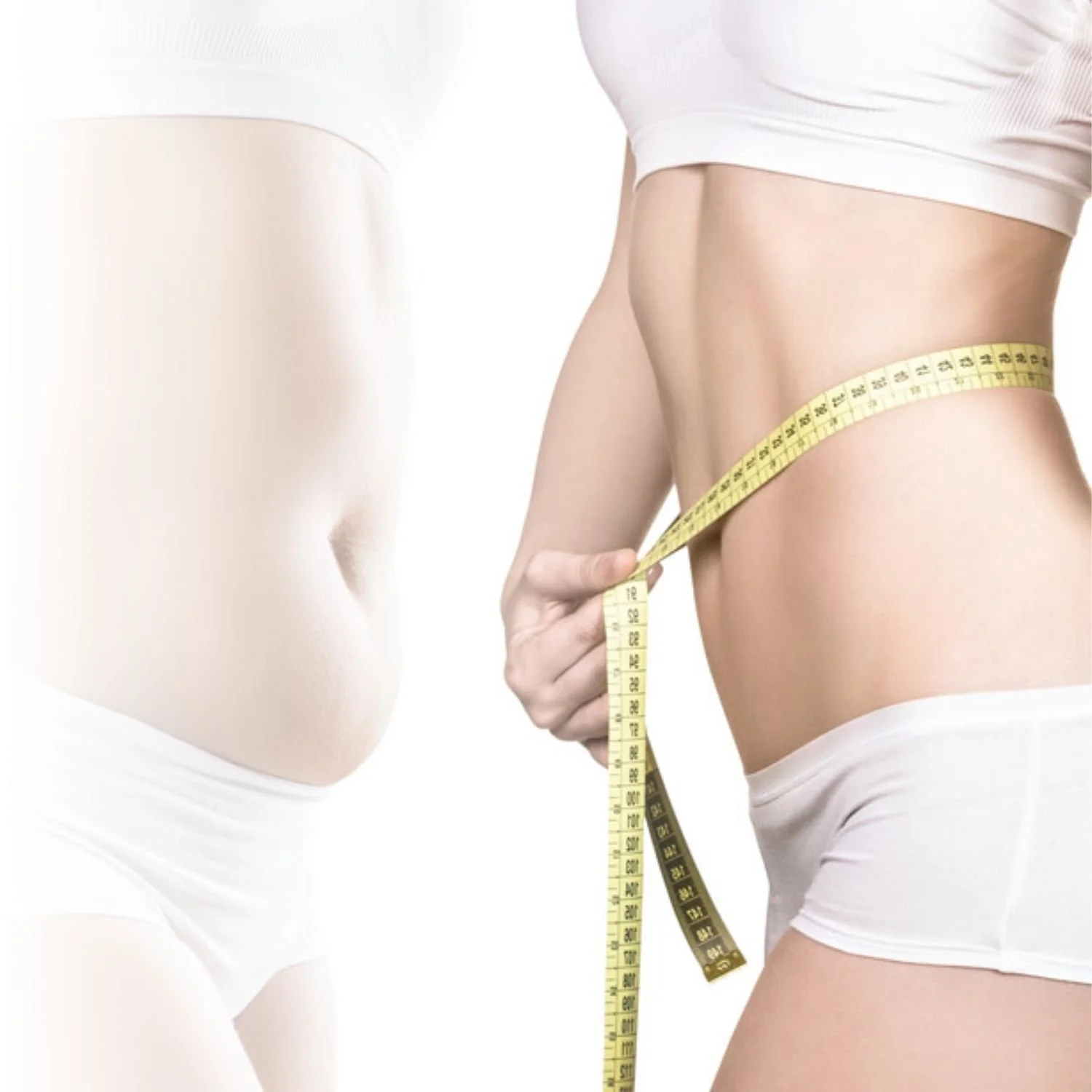 Before and after weight loss comparison, showing a person with a larger belly on the left and a slimmer waist with a measuring tape on the right, both wearing white clothing.