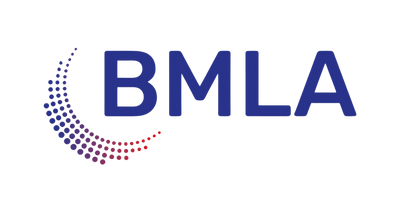 BMLA logo with a stylized crescent shape made of purple and blue dots.
