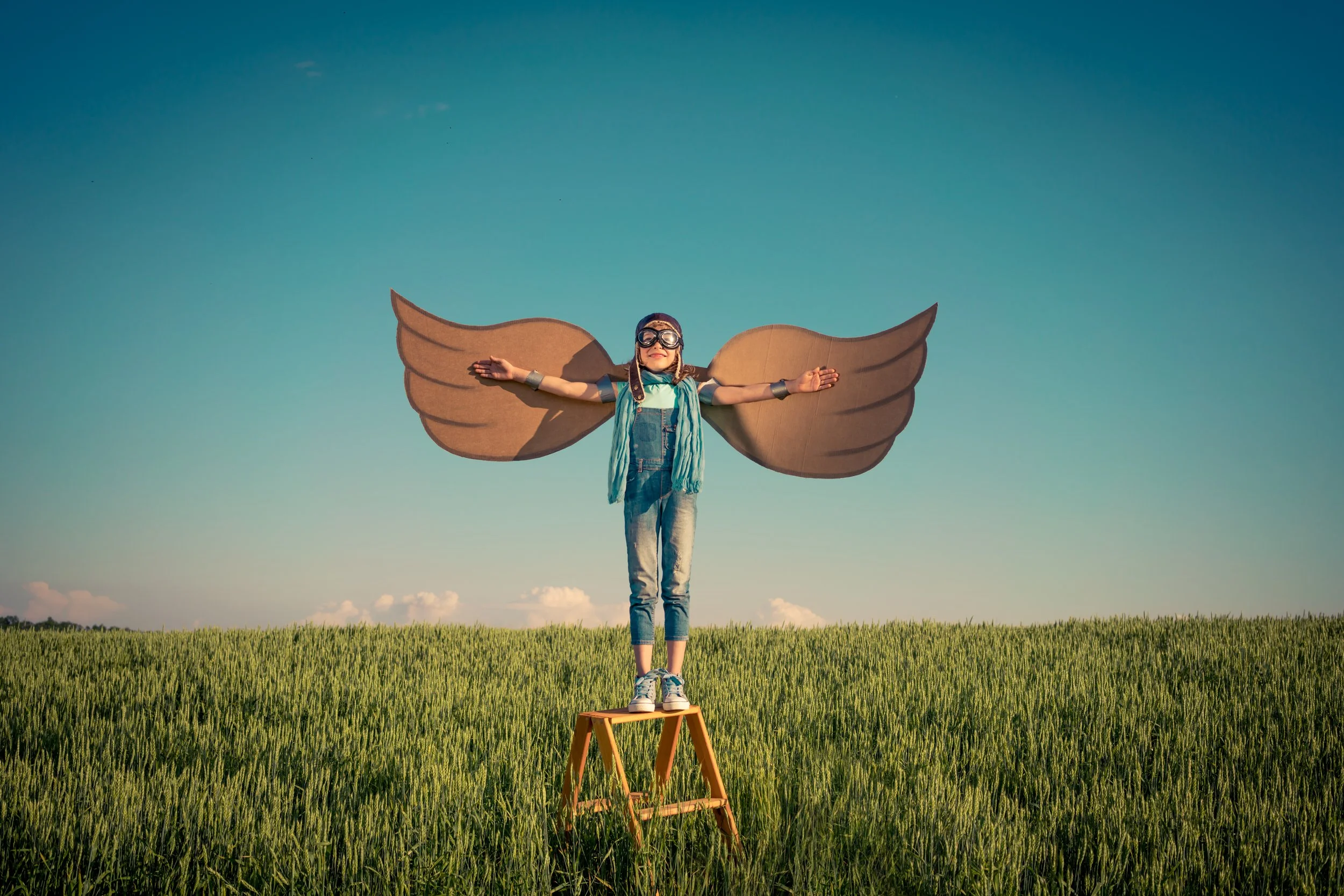 Girl standing on a step stool with arms outstretched, wearing cardboard wings and goggles outdoors in a field under a clear blue sky.