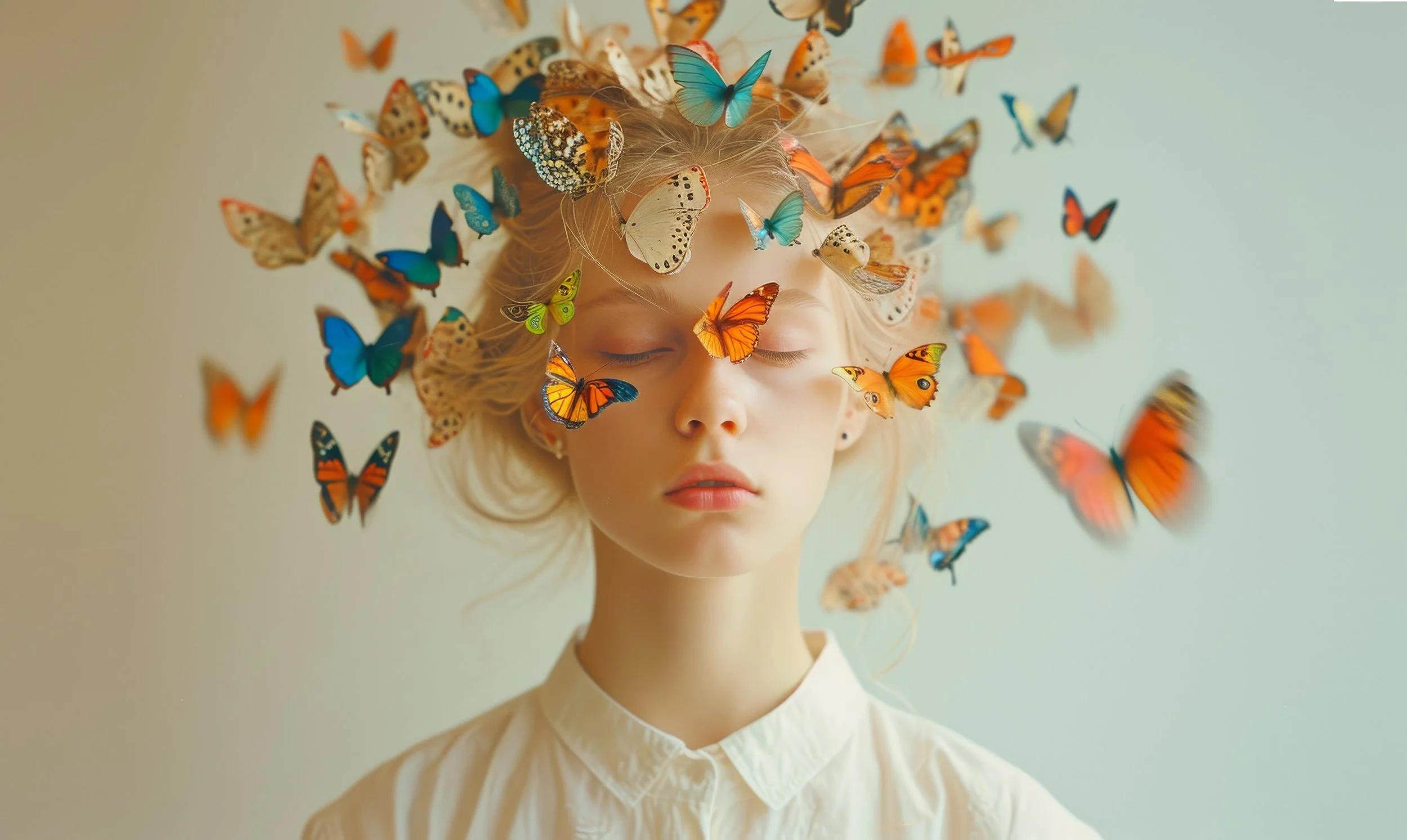 A woman with closed eyes and blond hair surrounded by colorful butterflies, with some butterflies resting on her face and hair.