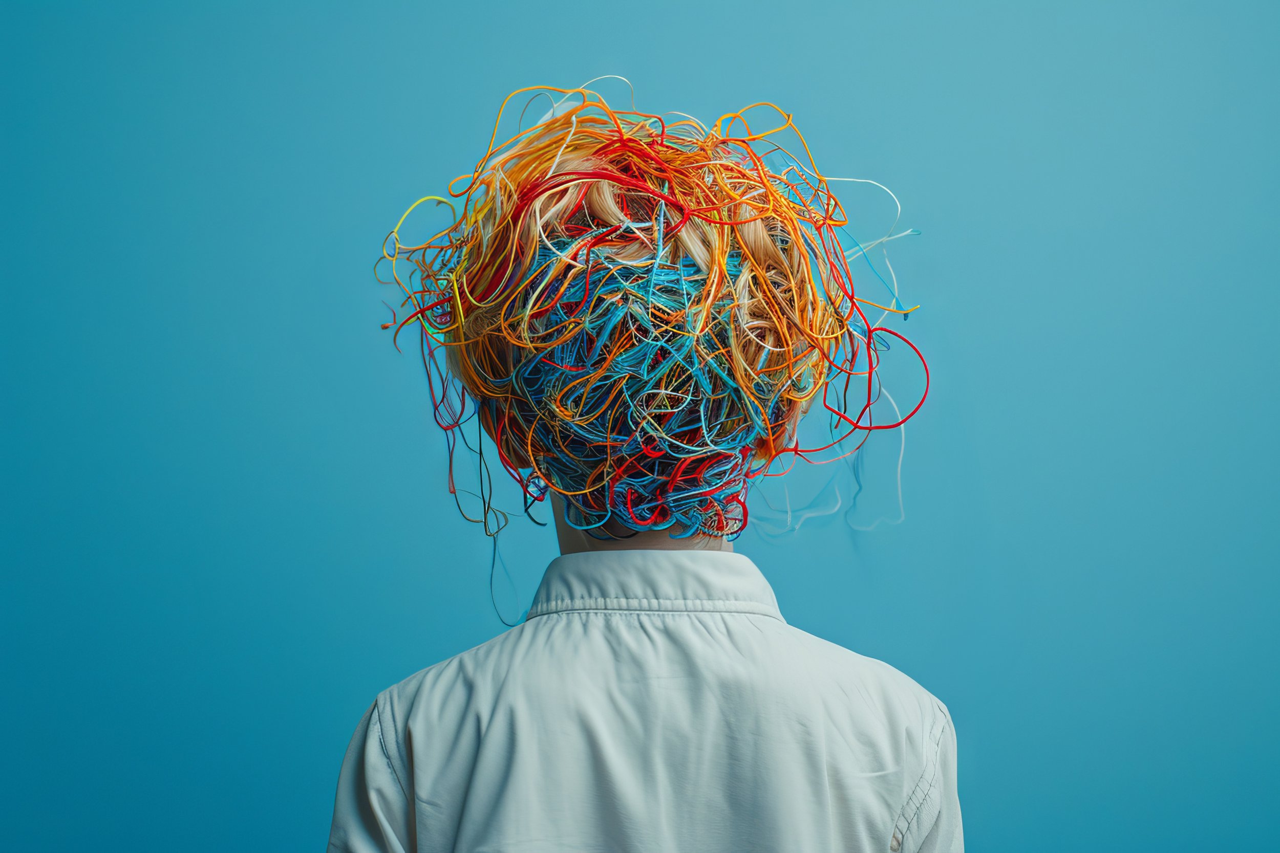 Person with multicolored tangled wires on their head, facing away, against a blue background.